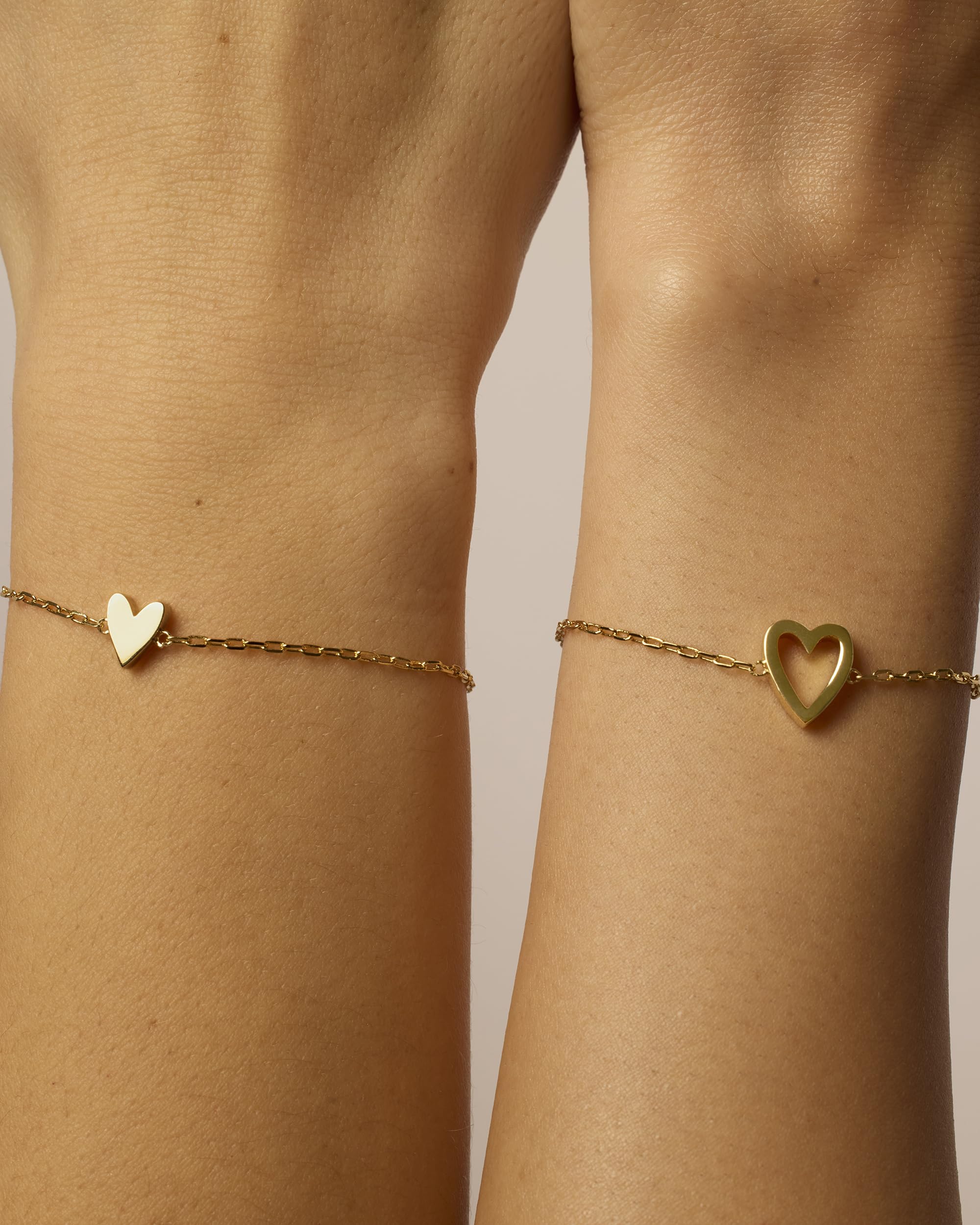 14K Gold Plated Matching Heart Charms Solitaire Bracelet Set for Women | Adjustable Love Friendship Two Bracelet Pack SL-017