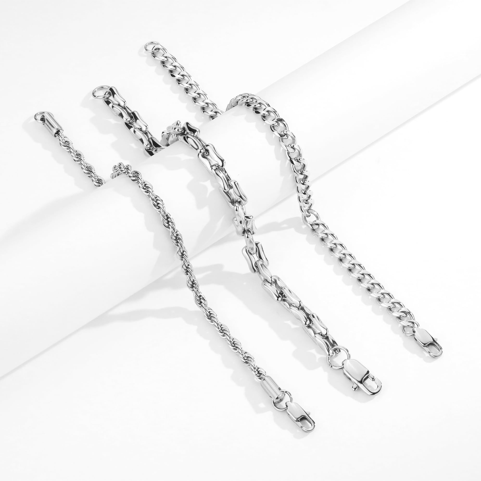 3Pcs Chain Bracelets for Men Women Stainless Steel Paperclip Figaro Rope Cuban Link Chain 6.7/7.5/8.3Inches Unisex Wrist Jewelry Gift SL-007