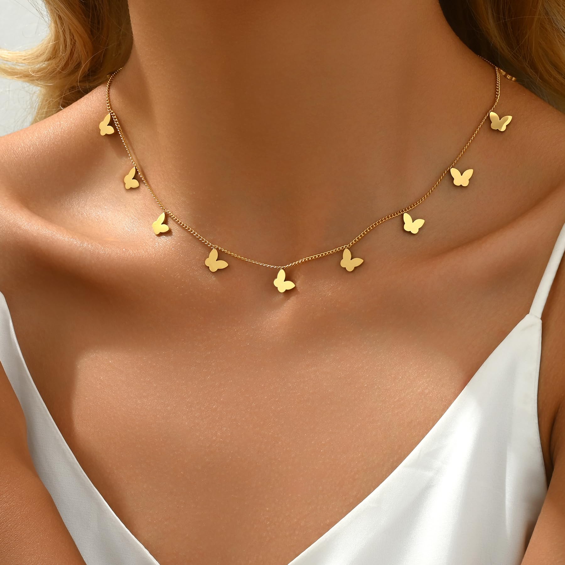 Gold Chain Necklace for Women 18K Gold Plated Stainless Steel Necklace Dainty Star Cross Heart Choker Chains Simple Delicate Minimalist Trendy Jewelry XL-013