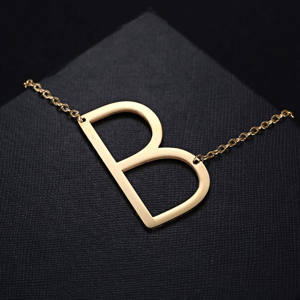 Sideways Initial Necklace 18K Gold Plated Stainless Steel Large Big Letters Pendant Necklace Script Name Monogram Necklaces for Women XL-012