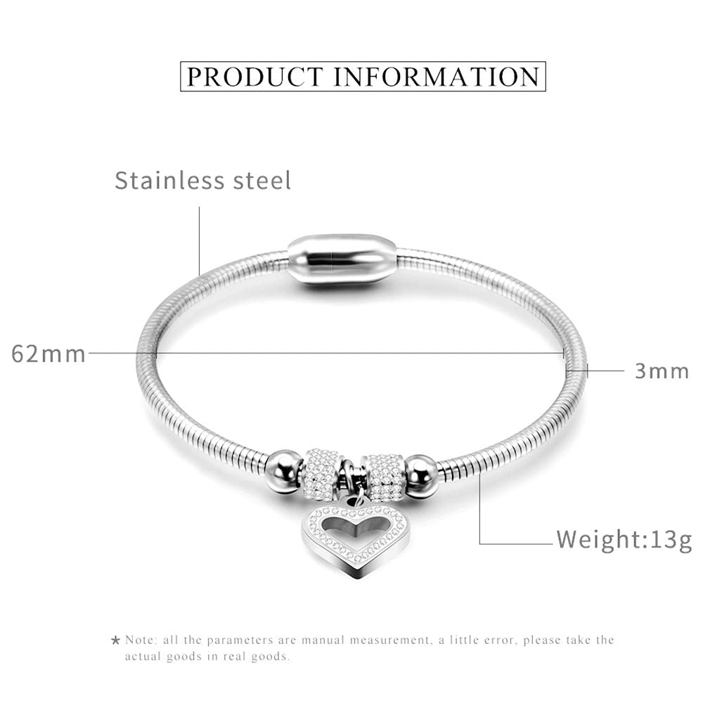 Stainless Steel Heart Charm Cubic Zircon Anniversary Valentine Bangle Bracelet SL-023