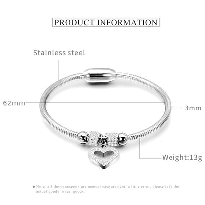 Stainless Steel Heart Charm Cubic Zircon Anniversary Valentine Bangle Bracelet SL-023