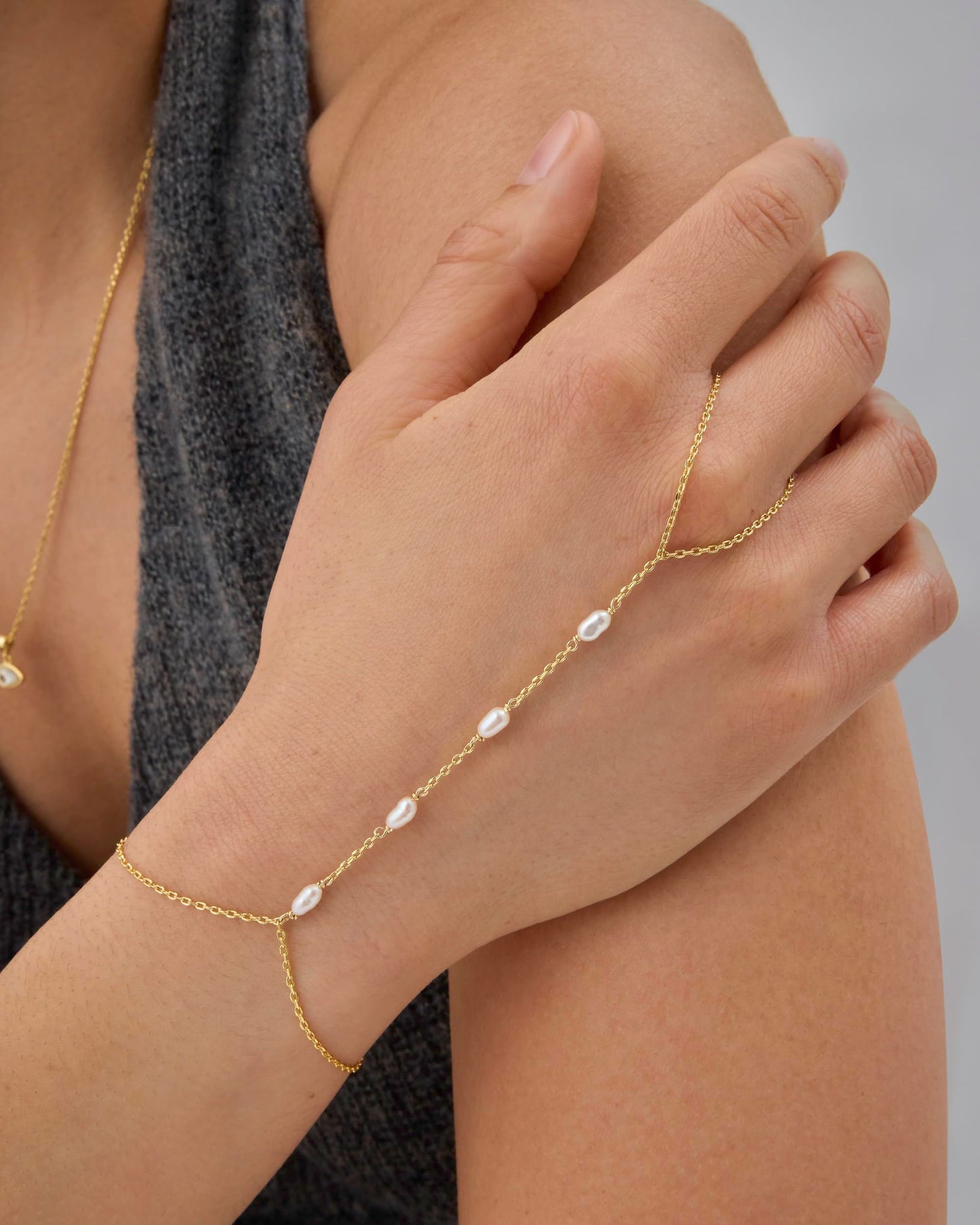 14K Gold Plated Freshwater Pearl Gold Hand Chain Bracelet for Women - Trendy Ring Bracelet Hand Chain Body Jewelry SL-038