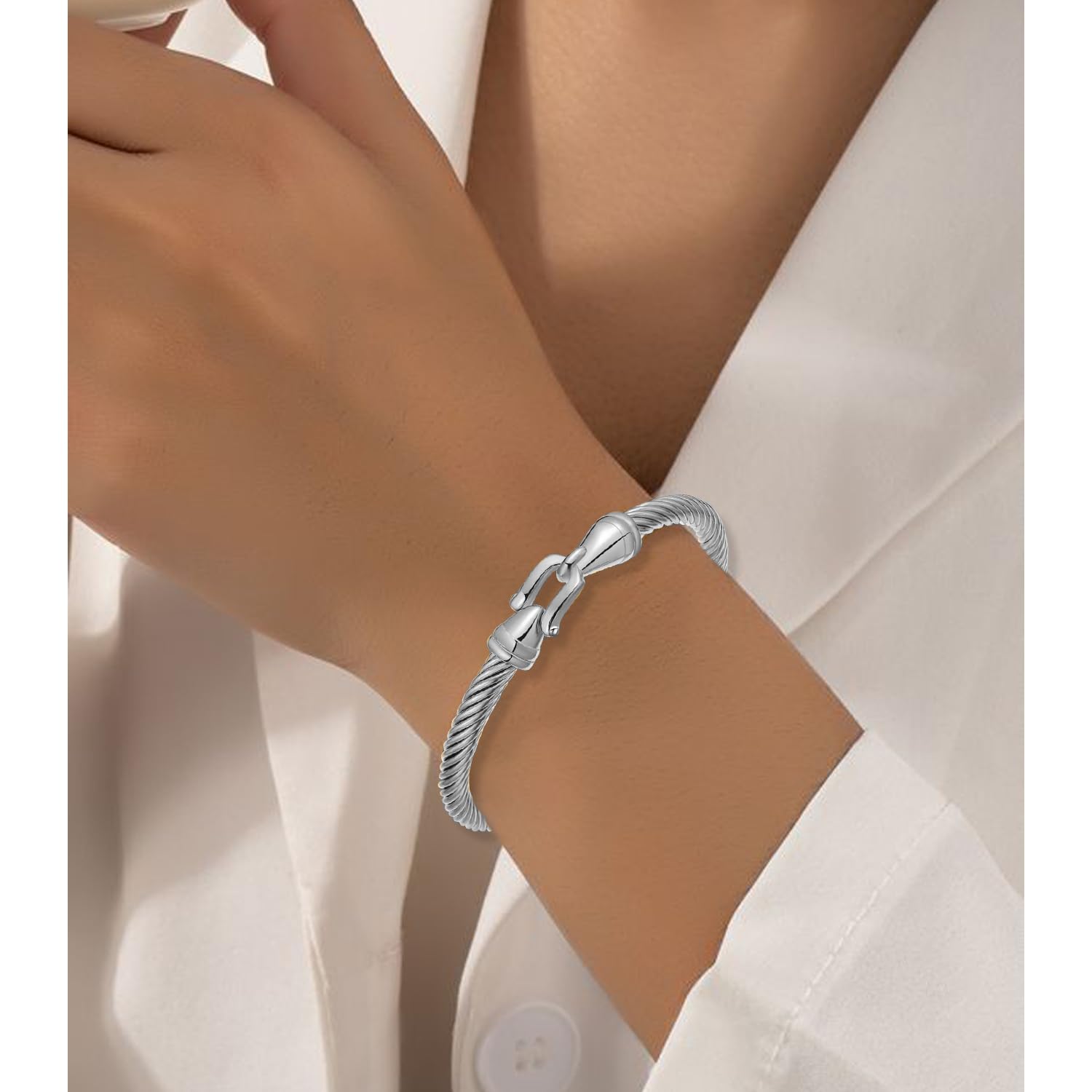 Stainless Steel Twisted Cable Wire Bracelets with Hook Clasp Stylish Roman Digital Bangle Bracelet for Women SL-010