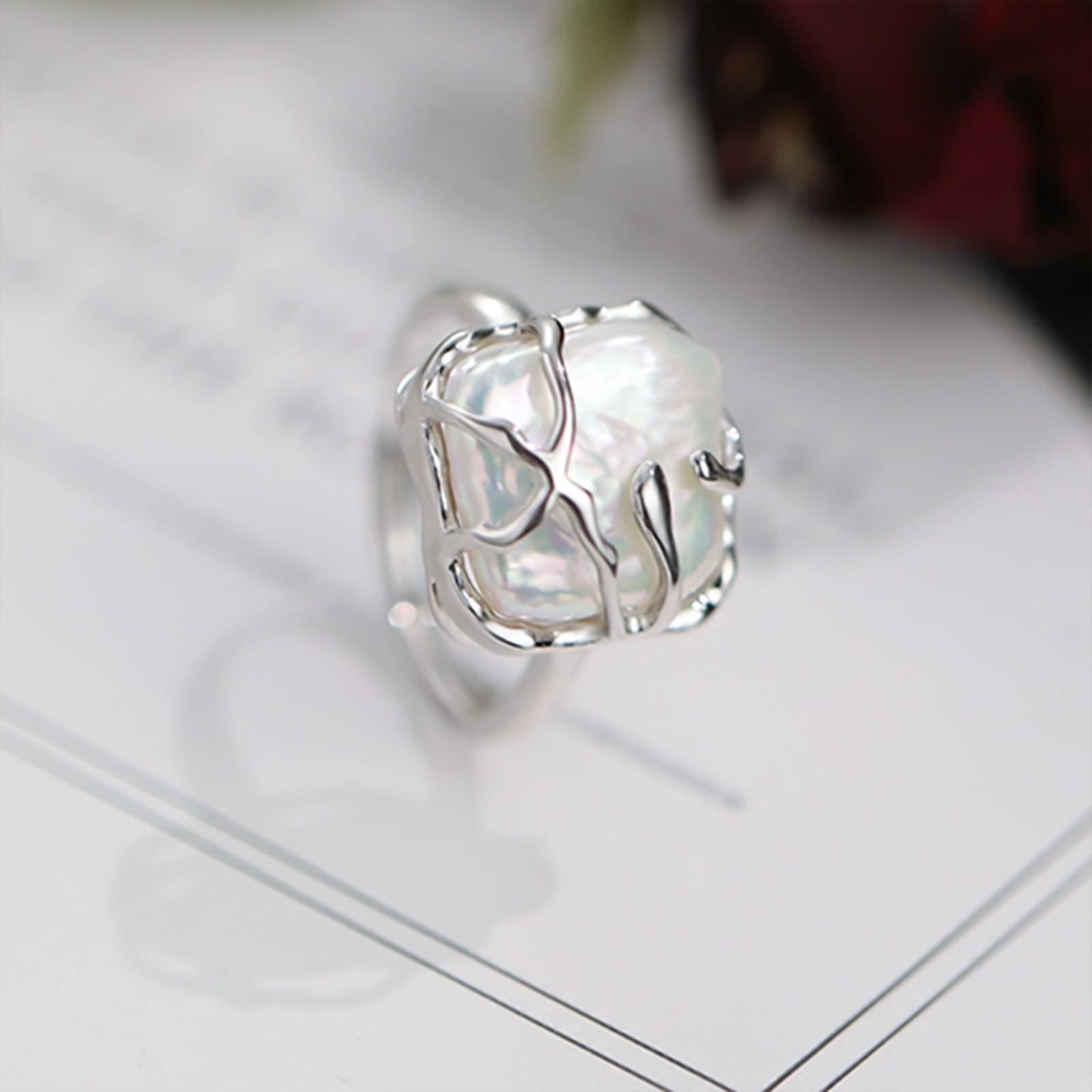 Irregular Pearl Ladies Silver Ring, Baroque Pearl Ring 925 Sterling Silver Ring, Fashion Statement Ring Suitable for Woman Daily Birthday Anniversary Valentine's Day Gift JZ-025