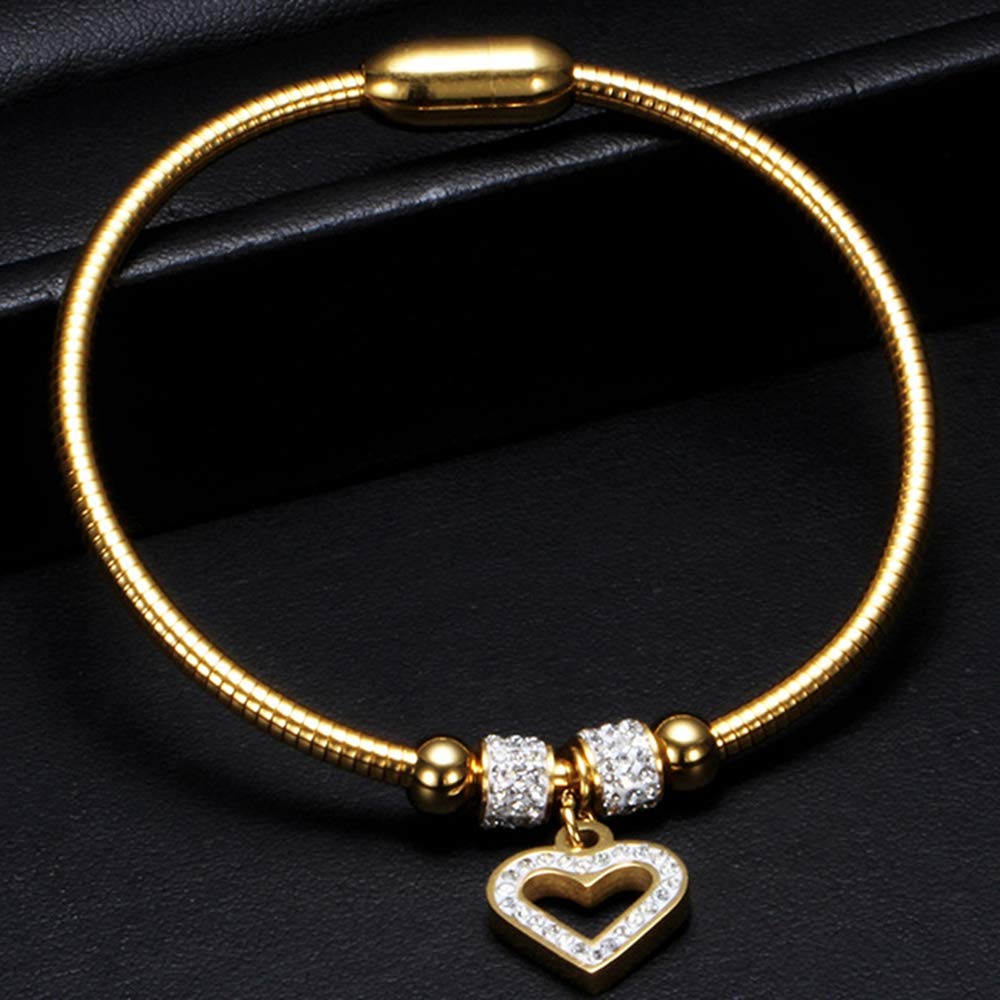 Stainless Steel Heart Charm Cubic Zircon Anniversary Valentine Bangle Bracelet SL-023