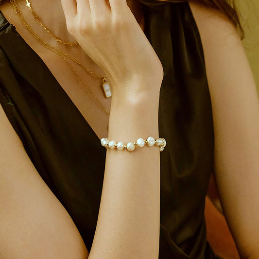 Pearl Bracelet Chain Link Baroque Culture  14K Gold Filled Adjustable Fashion Valentine Charm Dainty Handmade Jewelry for Women Wife Mother SL-046