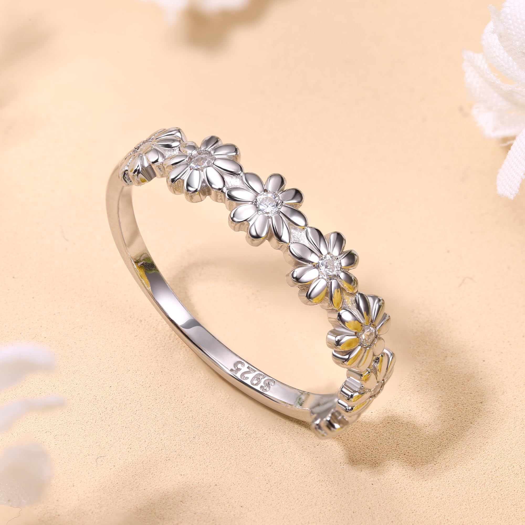 925 Sterling Silver Ring 18K Gold Plated Daisy Flower Ring Paved with Coloful Cubic Zirconia High Polished Comfort Fit Sunflower Stacking Statement Wedding Band Ring for Women JZ-027