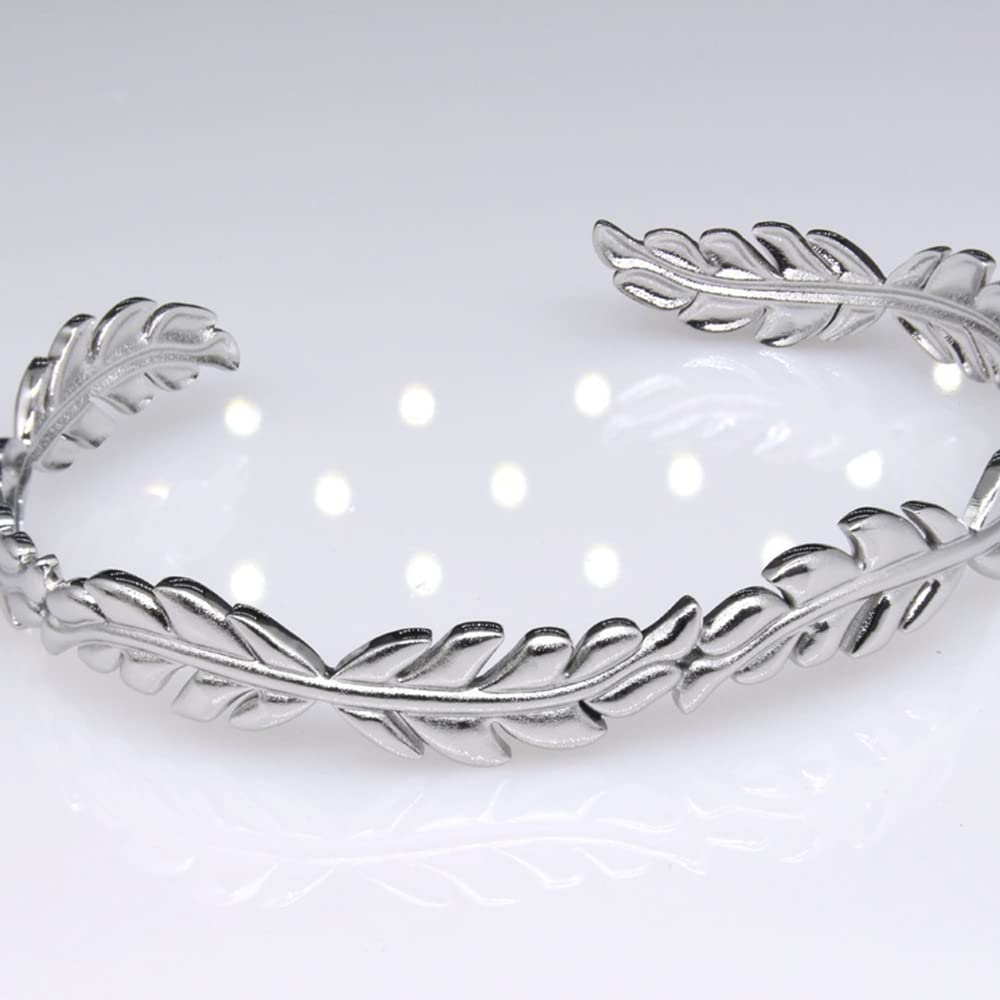 Stainless Steel Open Cuff Olive Tree Leaf Style Adjustable Size Bangle Bracelet SL-049