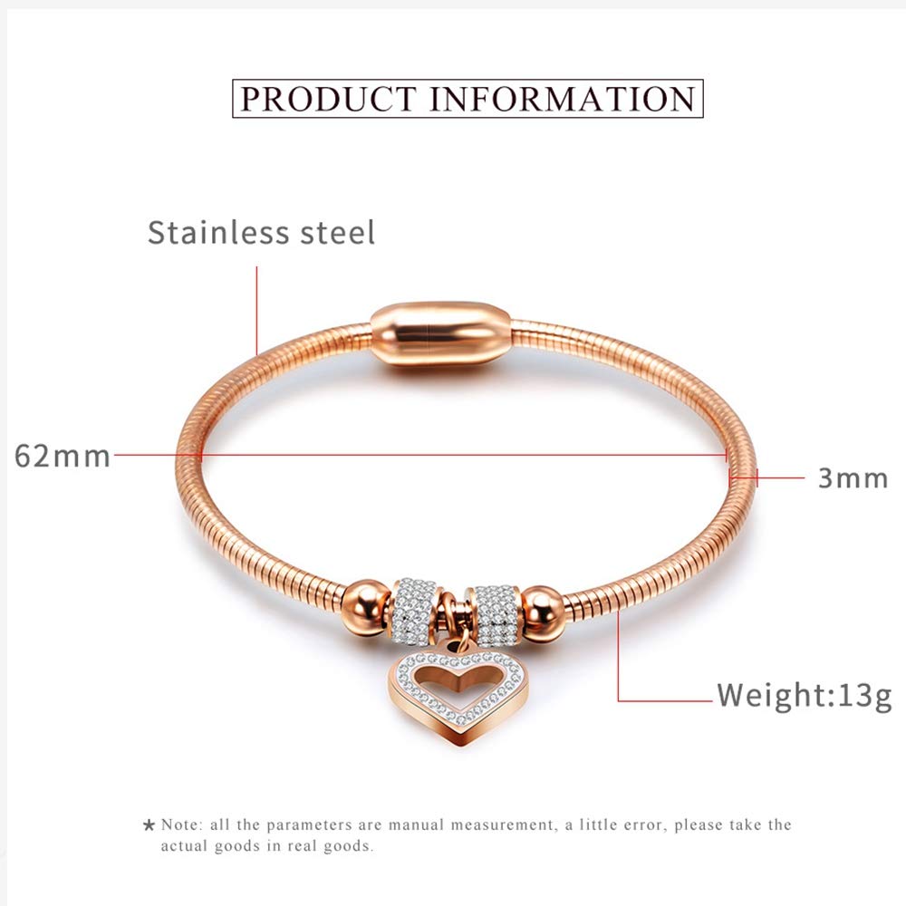 Stainless Steel Heart Charm Cubic Zircon Anniversary Valentine Bangle Bracelet SL-023