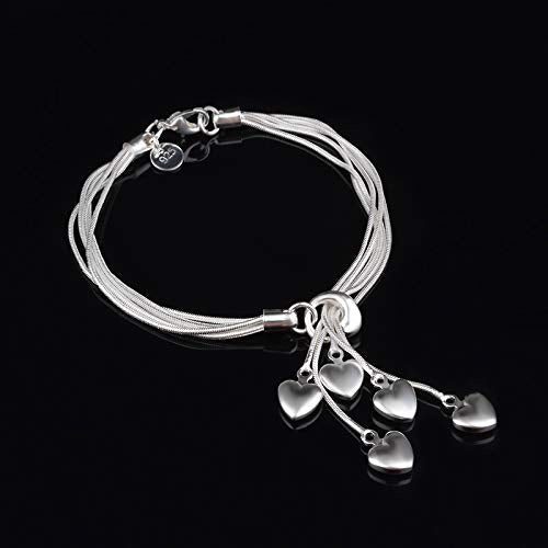 925 Sterling Silver Five-Line Chain with Five-Heart Bracelet Bangle SL-039
