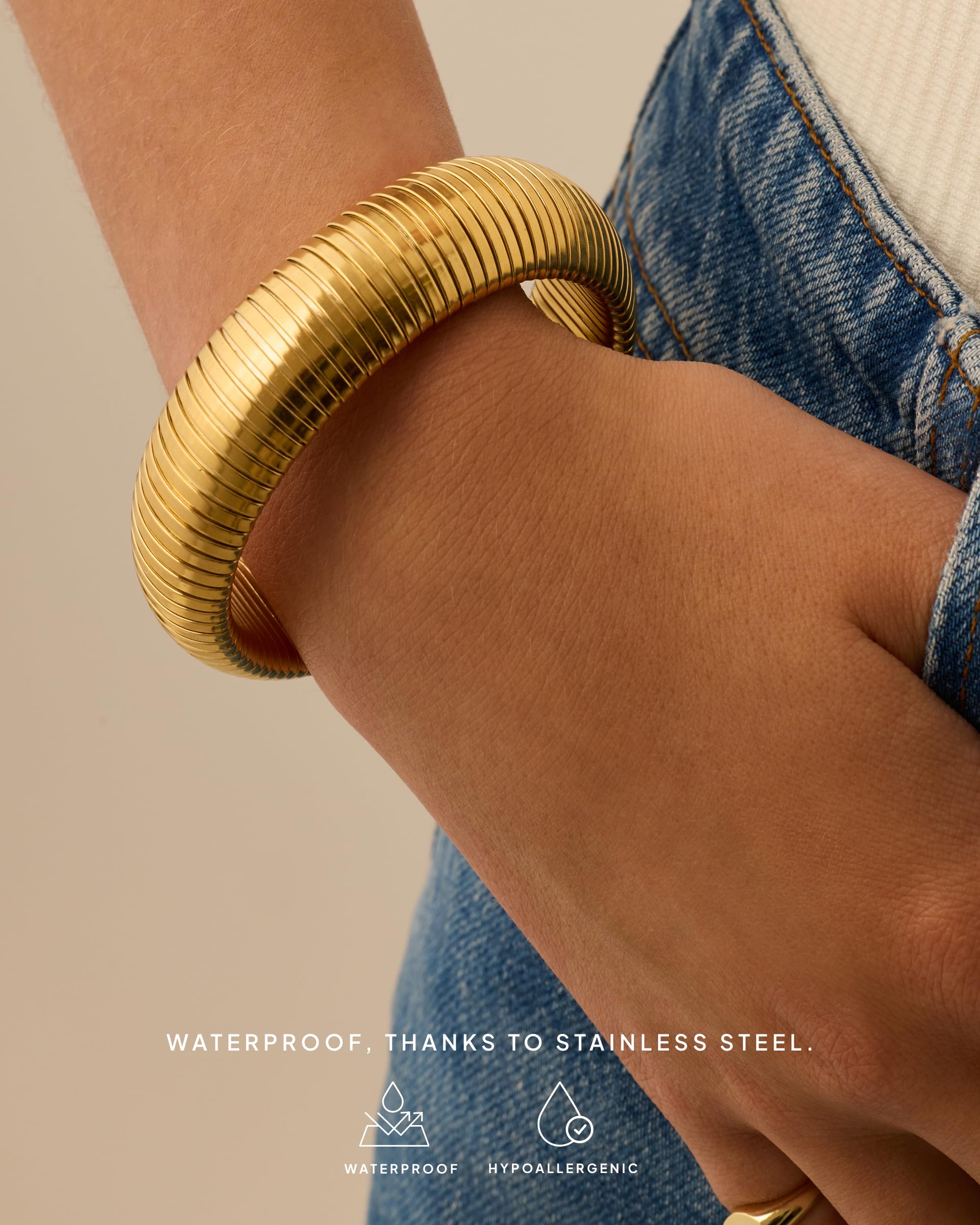 Stainless Steel 14K Gold Plated Waterproof Flexible Stretch Chunky Bangle for Women | Cobra Bracelet SL-012