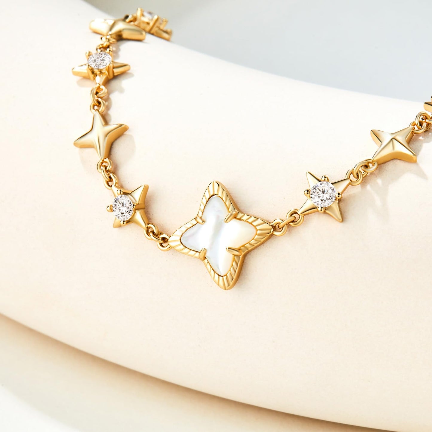 Womens 18k Gold Plated White Shell Cubic Zirconia Square Cross Adjustable Chain Link Bracelets 6.69" with 2" Extender SL-037