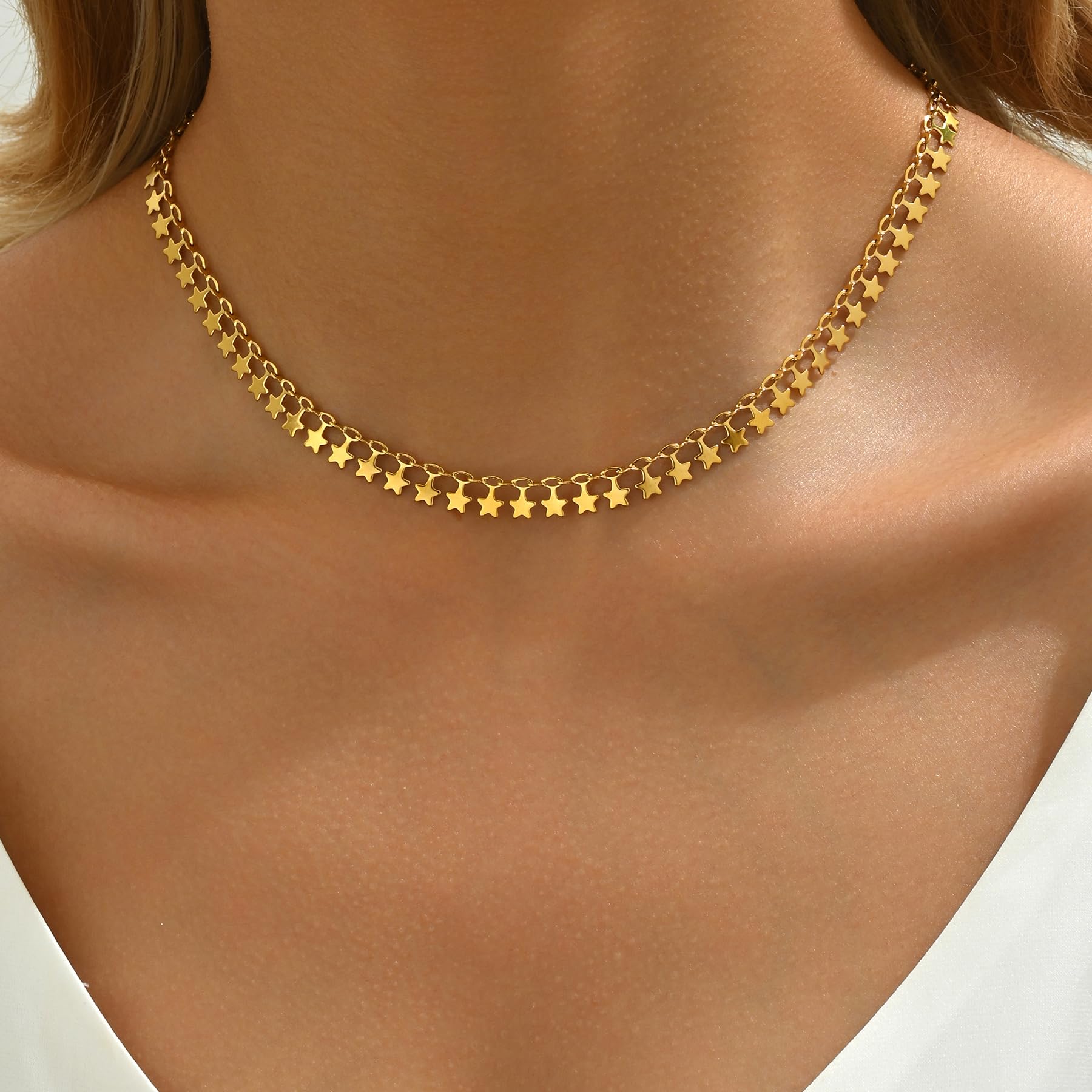 Gold Chain Necklace for Women 18K Gold Plated Stainless Steel Necklace Dainty Star Cross Heart Choker Chains Simple Delicate Minimalist Trendy Jewelry XL-013