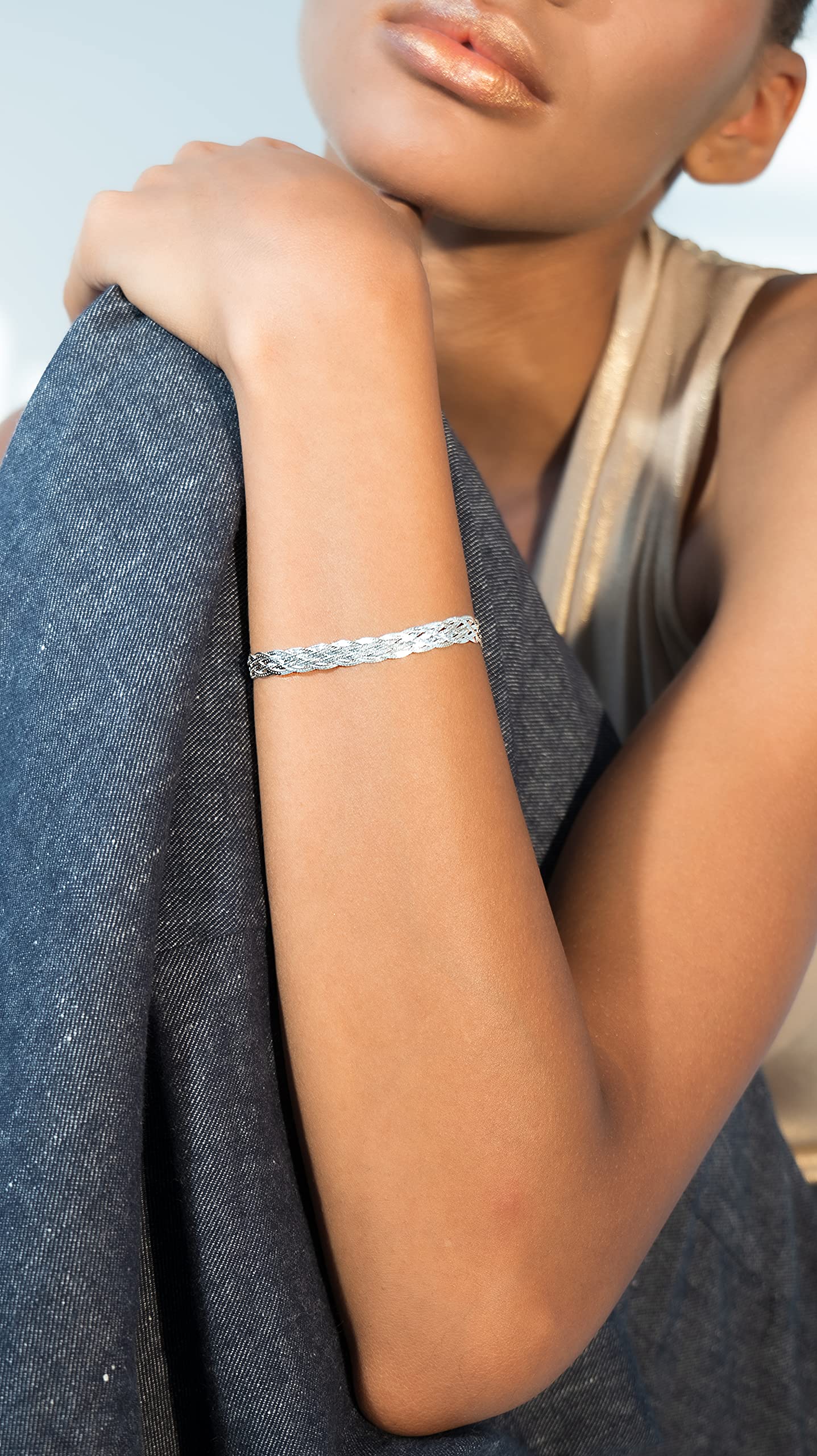 925 Sterling Silver, Tri-Color 18K Gold Plated 6-Strand Diamond-Cut 7mm Braided Herringbone Chain Bracelet for Women SL-025