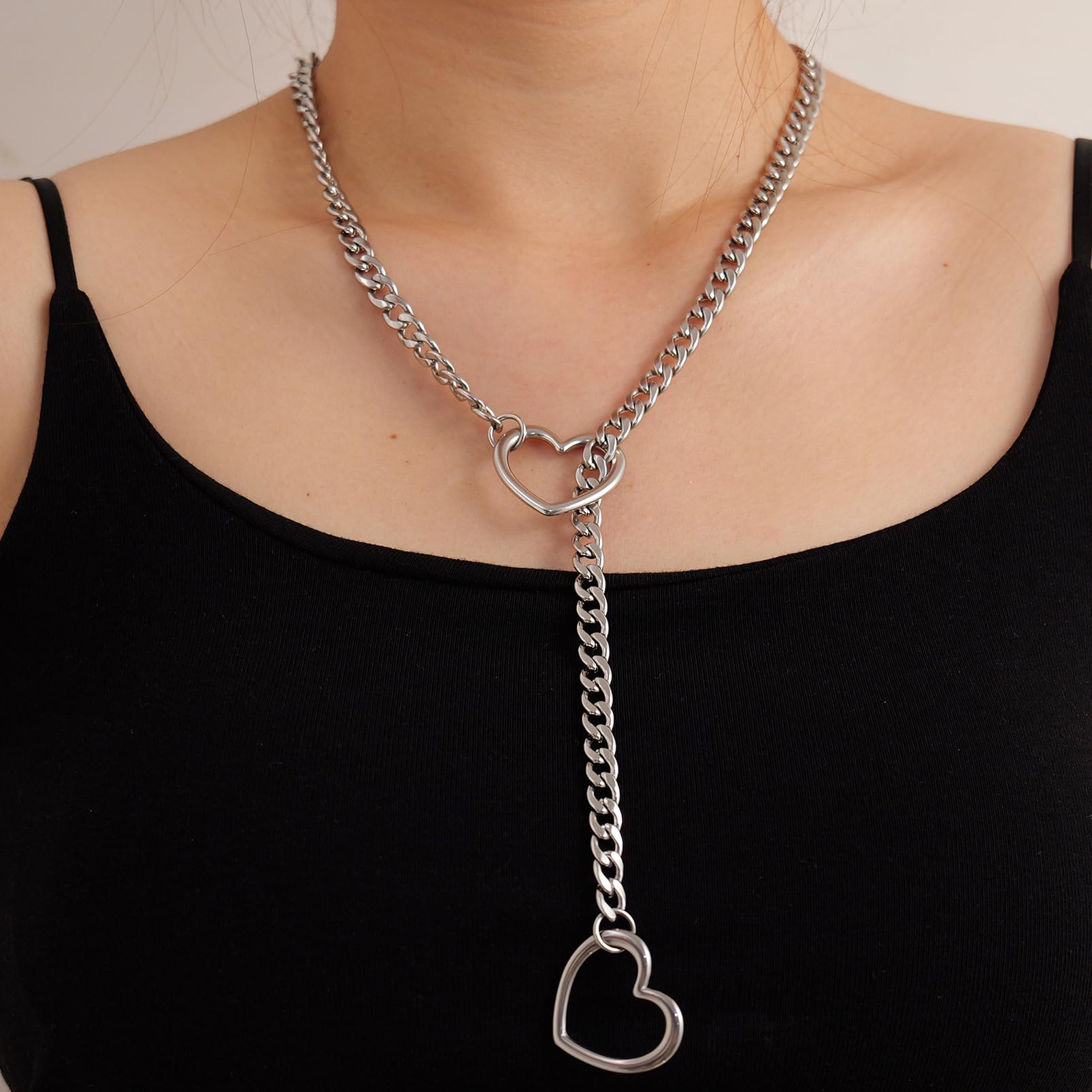 Heart Slip Chain Necklaces for Women,Stainless Steel O-Ring Adjustable Lariat Heart Y-Necklace,Punk Gothic Cuban Collar Choker Necklace for women XL-011
