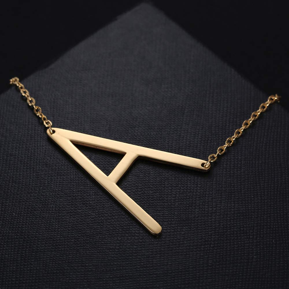 Sideways Initial Necklace 18K Gold Plated Stainless Steel Large Big Letters Pendant Necklace Script Name Monogram Necklaces for Women XL-012