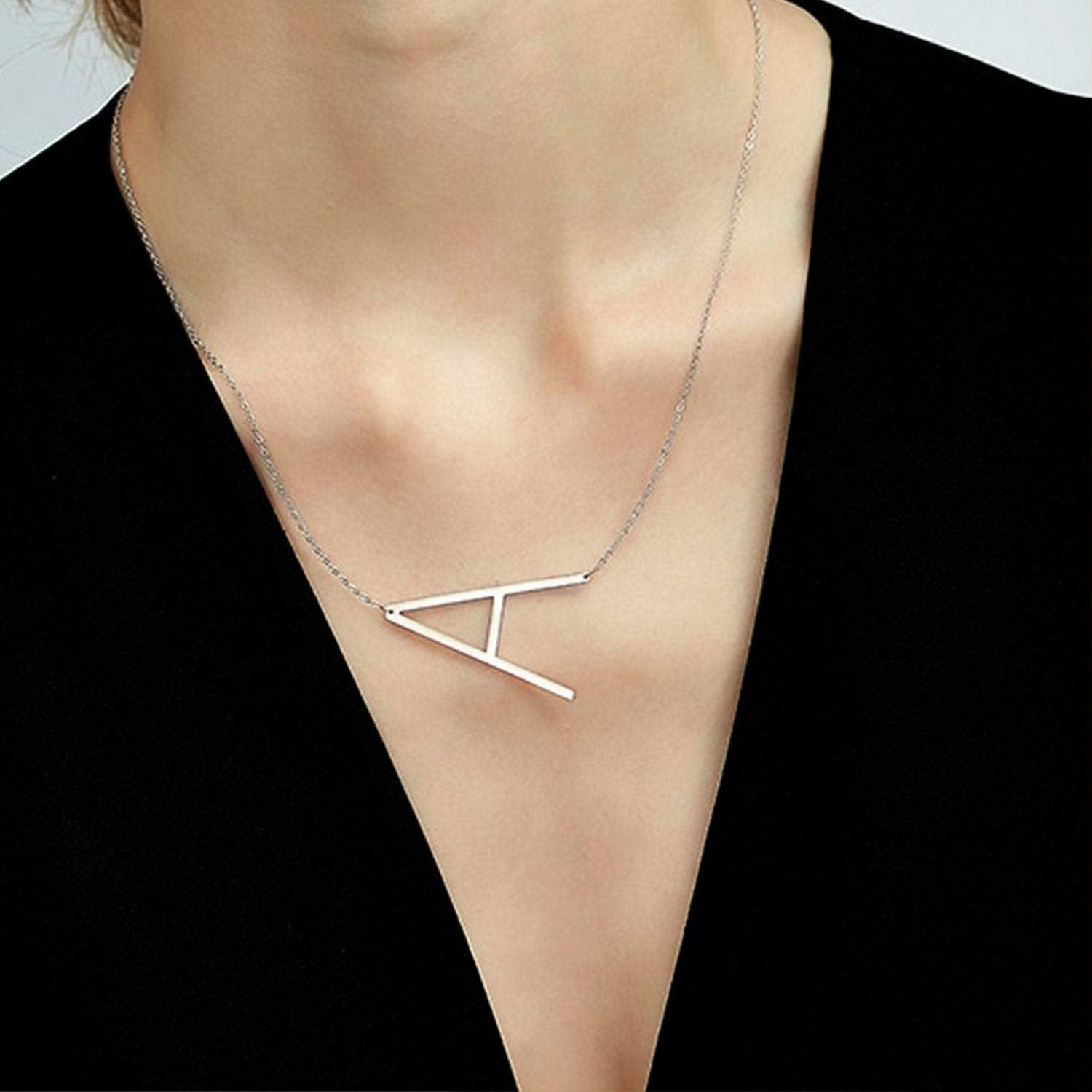 Sideways Initial Necklace 18K Gold Plated Stainless Steel Large Big Letters Pendant Necklace Script Name Monogram Necklaces for Women XL-012