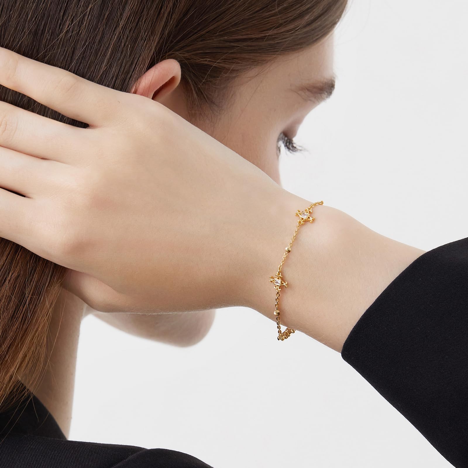 Womens 18k Gold Plated White Shell Cubic Zirconia Square Cross Adjustable Chain Link Bracelets 6.69" with 2" Extender SL-037