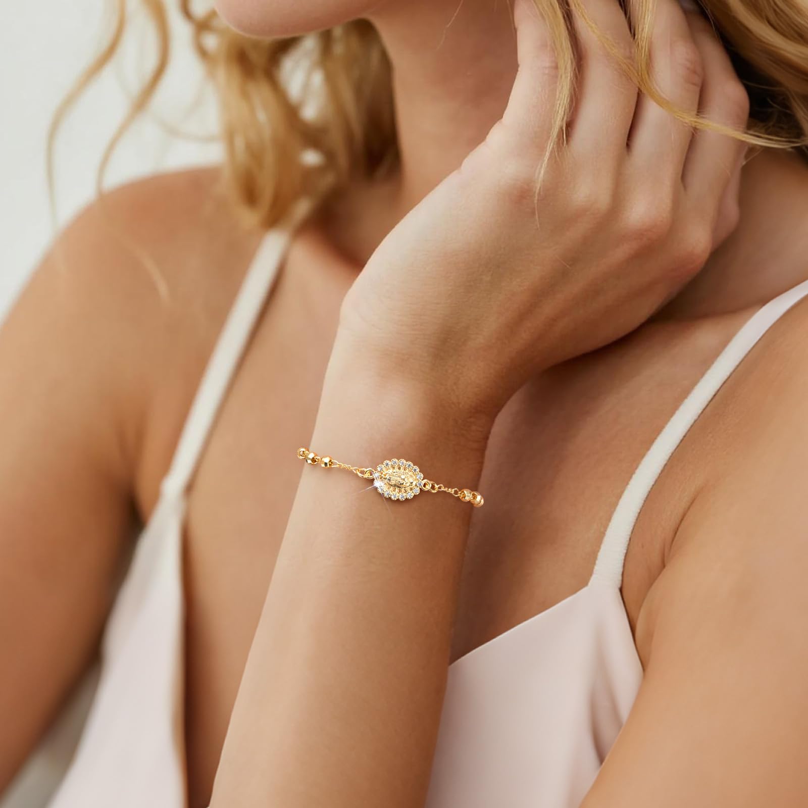 Catholic Crucifix Gifts Rosary Bracelet for Women-14K Gold Virgin Mary Jesus Cross Charm Link Chain, Dainty Virgen de Guadalupe Religious Gift for Confirmation Baptism First Communion Easter SL-048