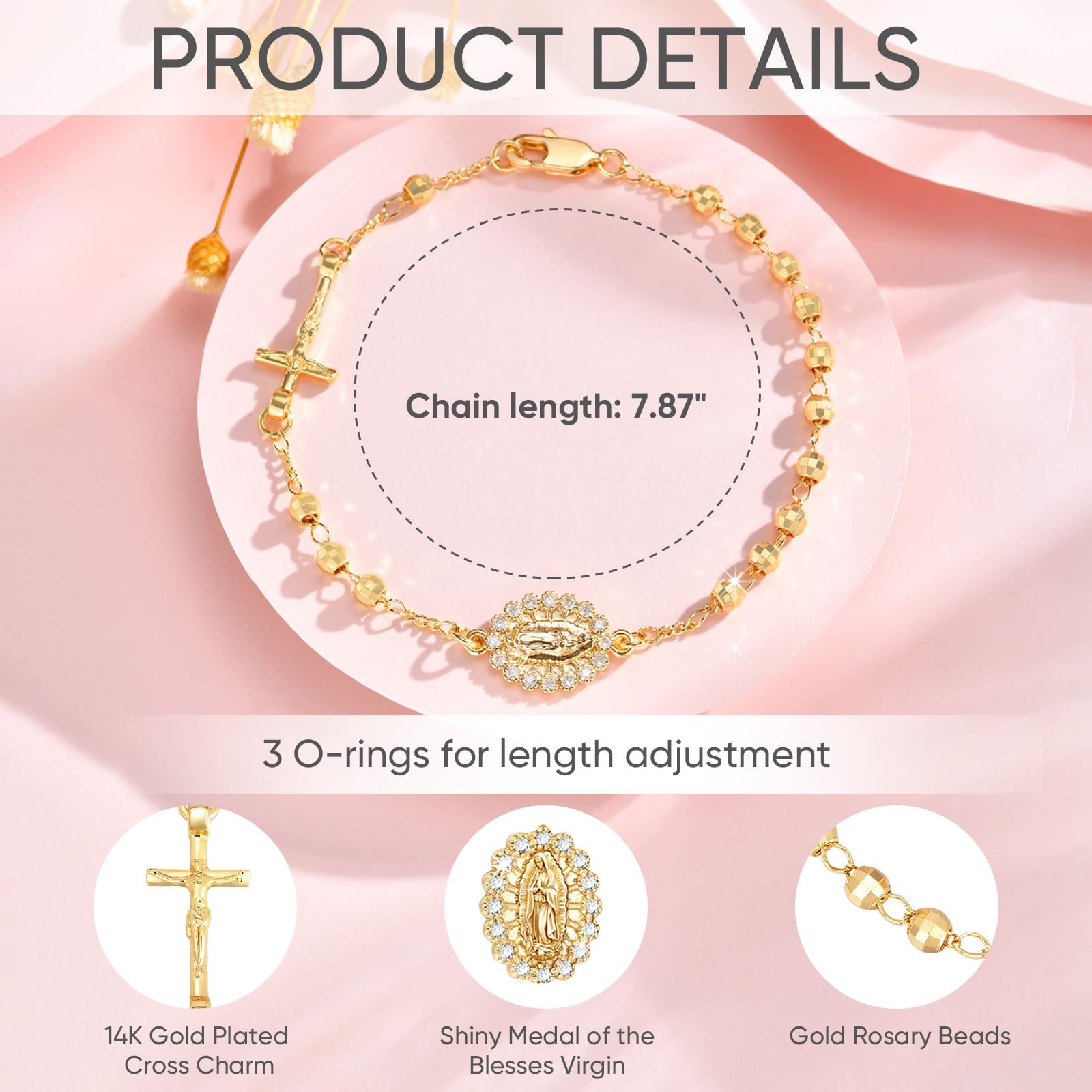 Catholic Crucifix Gifts Rosary Bracelet for Women-14K Gold Virgin Mary Jesus Cross Charm Link Chain, Dainty Virgen de Guadalupe Religious Gift for Confirmation Baptism First Communion Easter SL-048