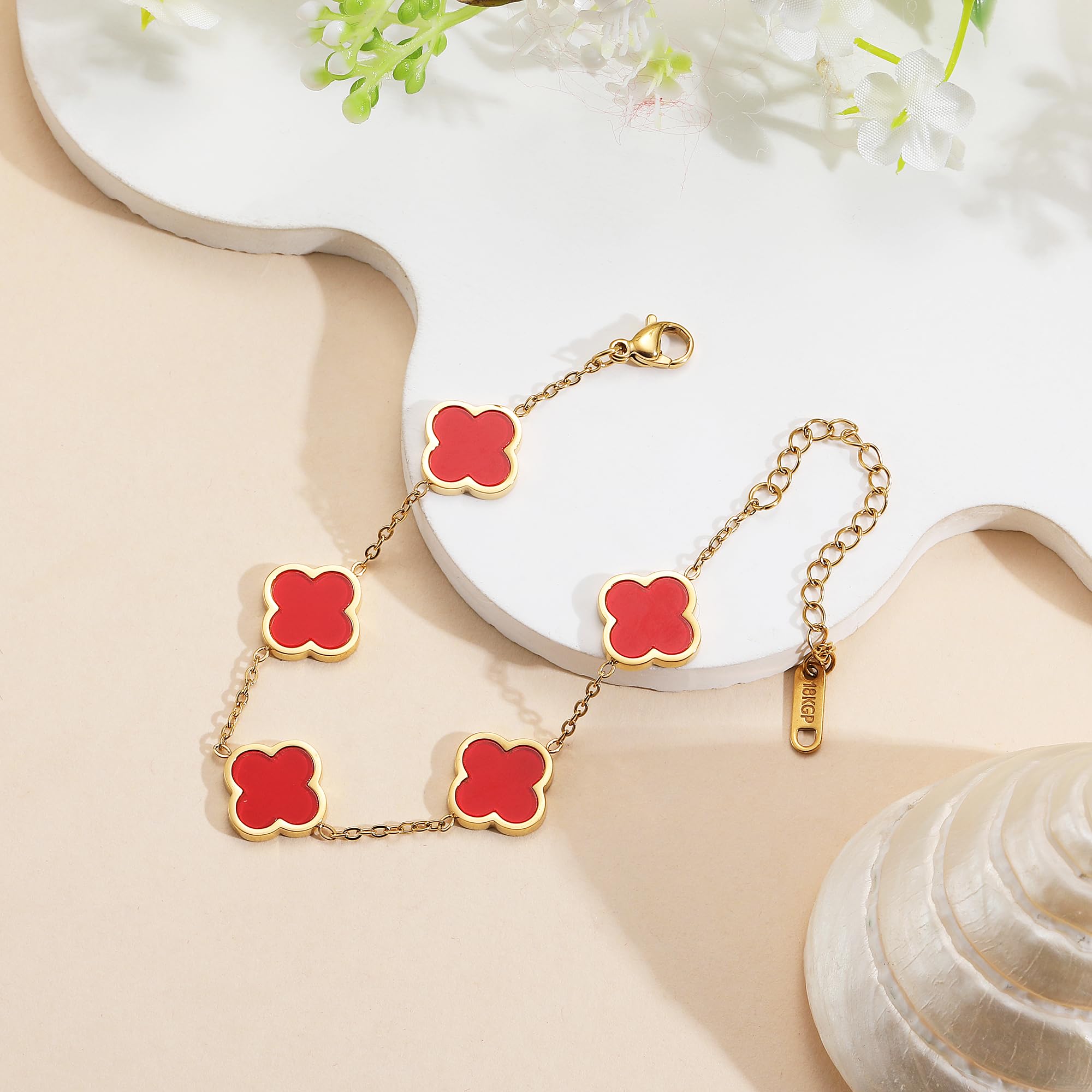 18K Gold Plated Clover Lucky Bracelet for Women White/Black/Red/Green Flower Four Leaf Link Bracelets Trendy Jewelry Gifts for Women SL-019