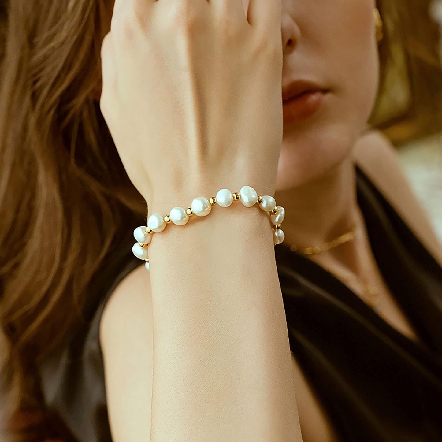 Pearl Bracelet Chain Link Baroque Culture  14K Gold Filled Adjustable Fashion Valentine Charm Dainty Handmade Jewelry for Women Wife Mother SL-046
