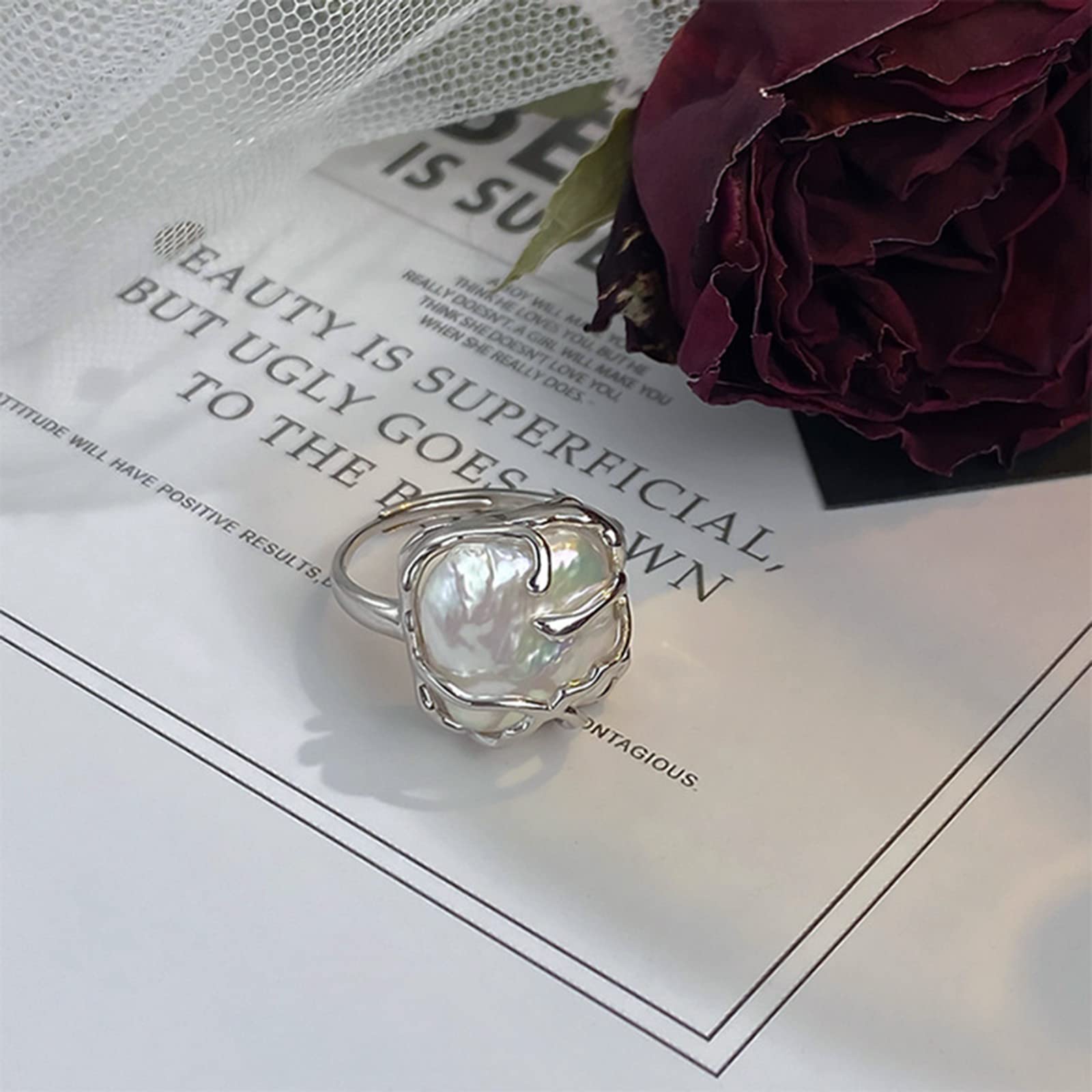 Irregular Pearl Ladies Silver Ring, Baroque Pearl Ring 925 Sterling Silver Ring, Fashion Statement Ring Suitable for Woman Daily Birthday Anniversary Valentine's Day Gift JZ-025