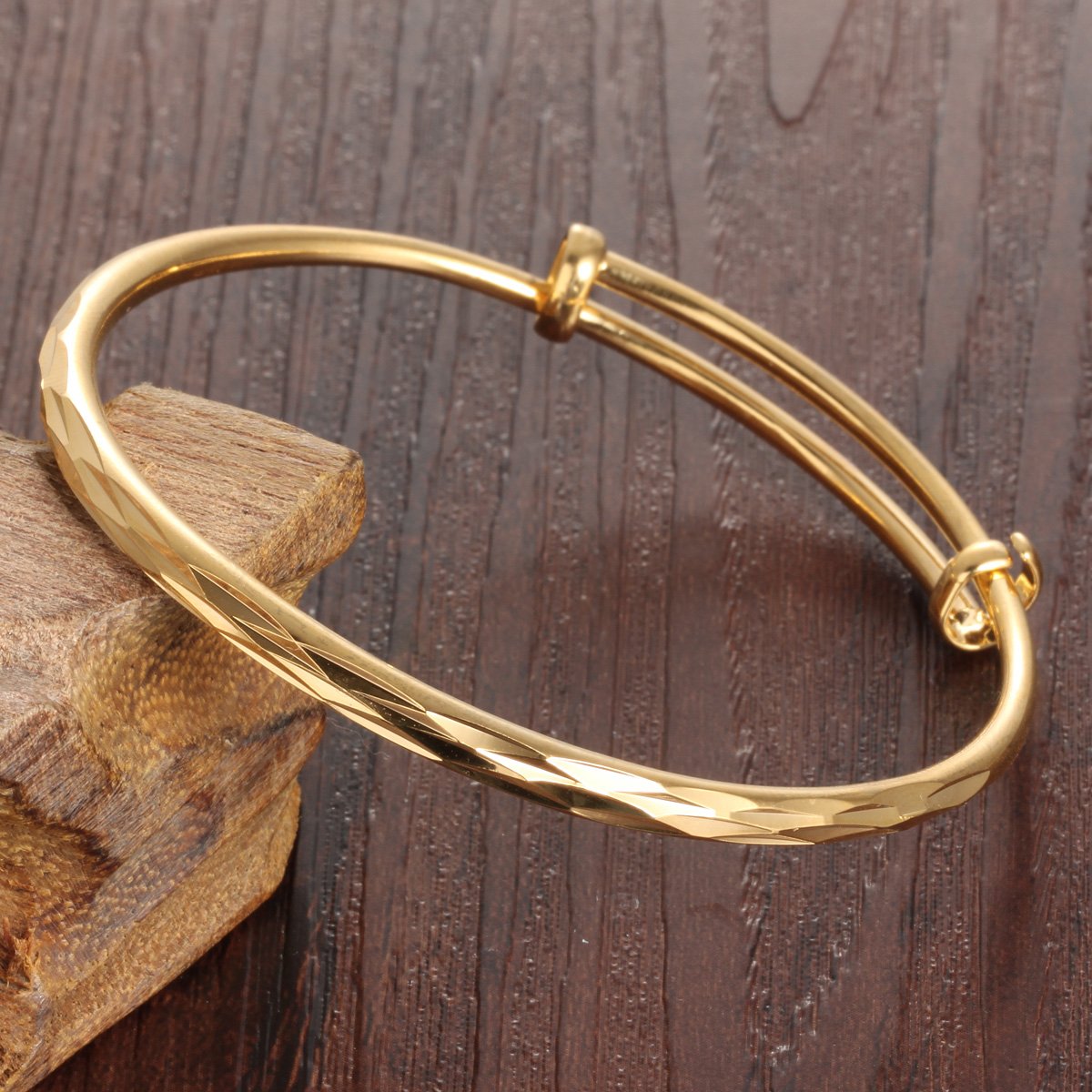 18k Yellow Gold Classical Diamond Cut Adjustable Bangle Bracelet for Women SL-015