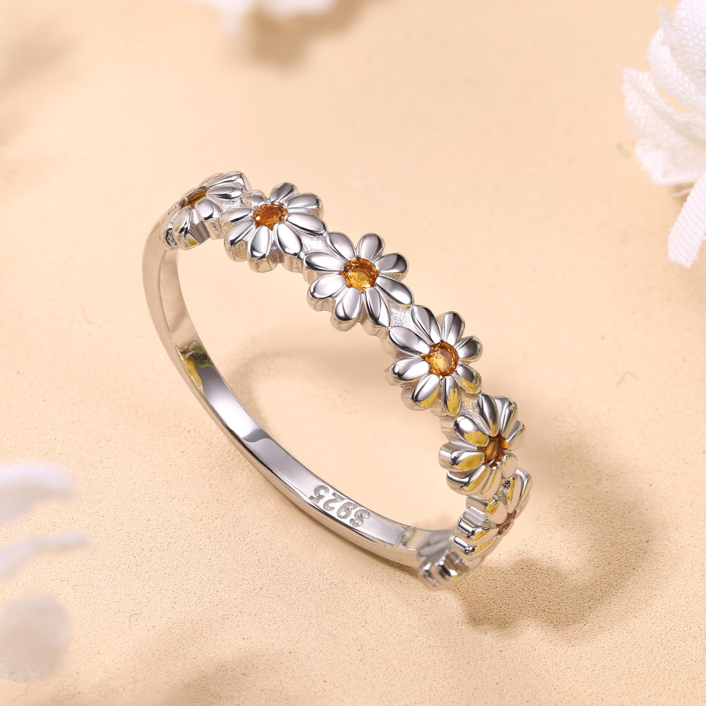 925 Sterling Silver Ring 18K Gold Plated Daisy Flower Ring Paved with Coloful Cubic Zirconia High Polished Comfort Fit Sunflower Stacking Statement Wedding Band Ring for Women JZ-027
