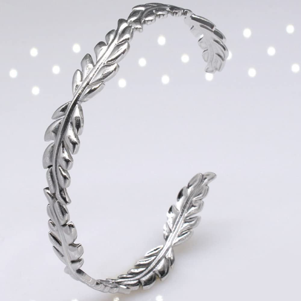 Stainless Steel Open Cuff Olive Tree Leaf Style Adjustable Size Bangle Bracelet SL-049