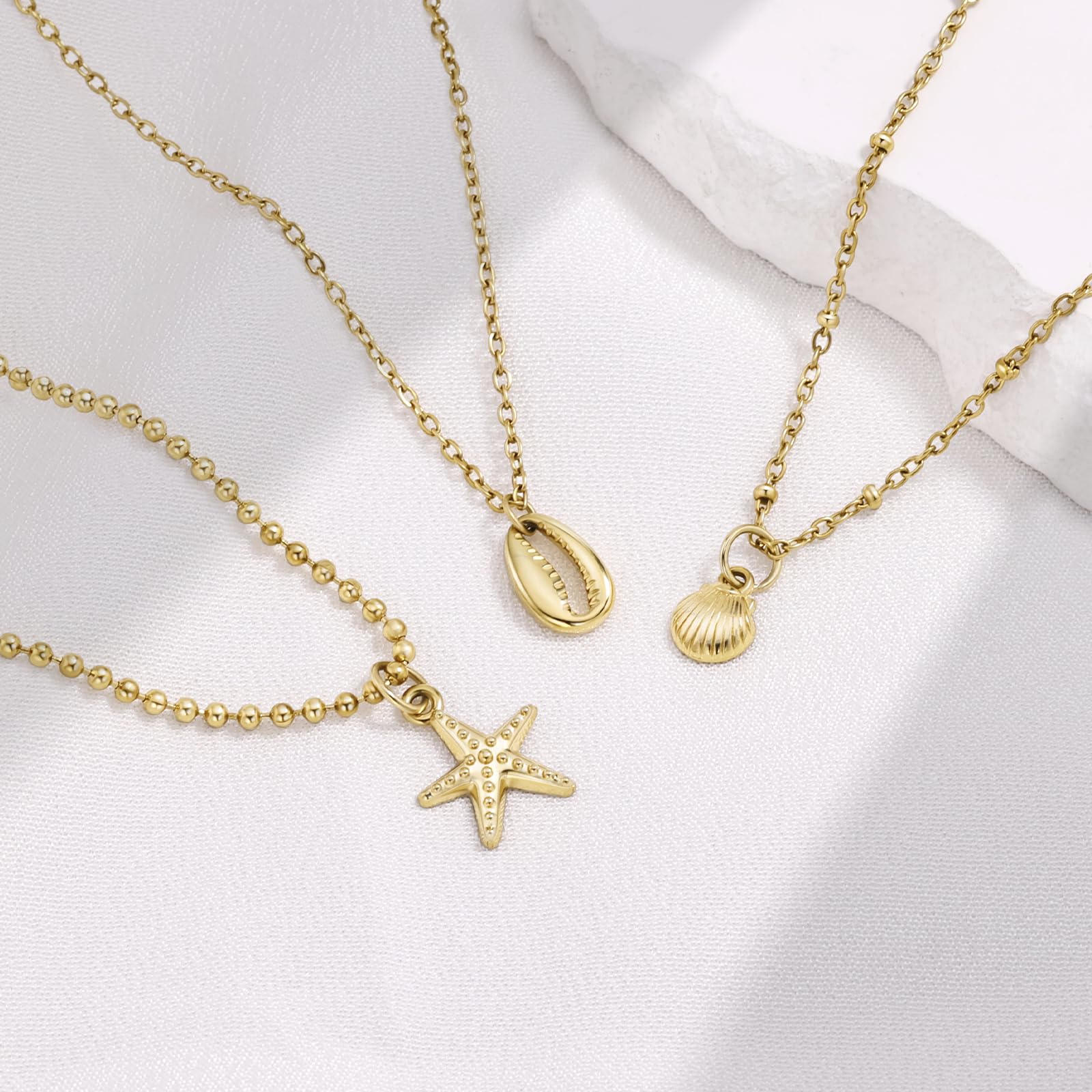 Shell Necklace for Women,14k Gold Plated Layered Starfish Conch SeaShell Pearl Pendant Charm Necklace,Non Tarnish Adjustable Stainless Steel Chain Stack Jewerly for Summer Beach Vacation XL-006