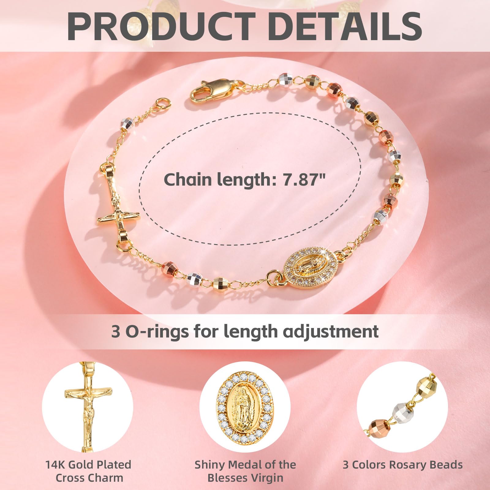 Catholic Crucifix Gifts Rosary Bracelet for Women-14K Gold Virgin Mary Jesus Cross Charm Link Chain, Dainty Virgen de Guadalupe Religious Gift for Confirmation Baptism First Communion Easter SL-048