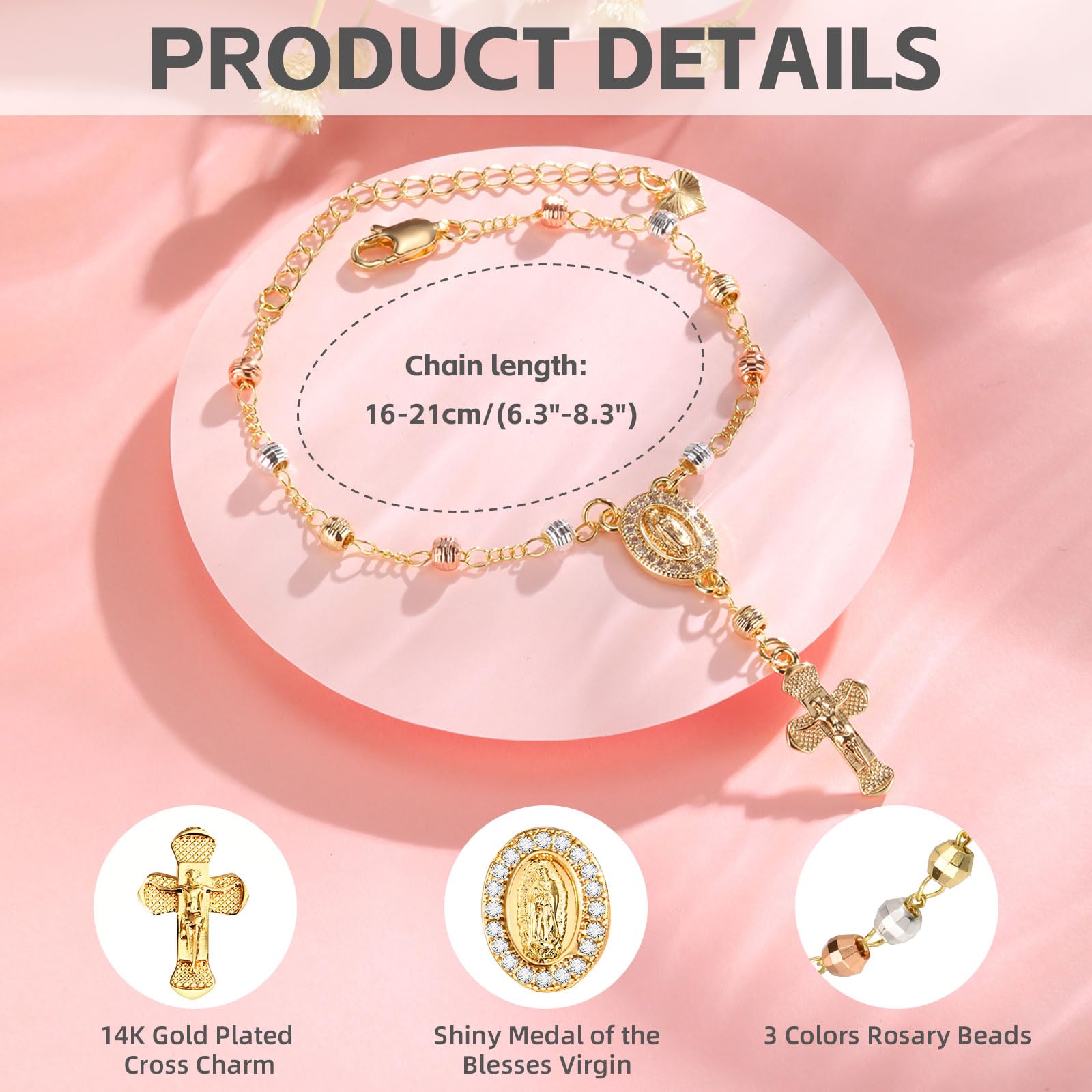 Catholic Crucifix Gifts Rosary Bracelet for Women-14K Gold Virgin Mary Jesus Cross Charm Link Chain, Dainty Virgen de Guadalupe Religious Gift for Confirmation Baptism First Communion Easter SL-048