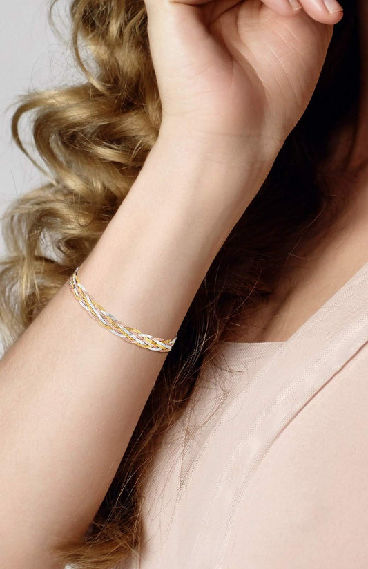 925 Sterling Silver, Tri-Color 18K Gold Plated 6-Strand Diamond-Cut 7mm Braided Herringbone Chain Bracelet for Women SL-025