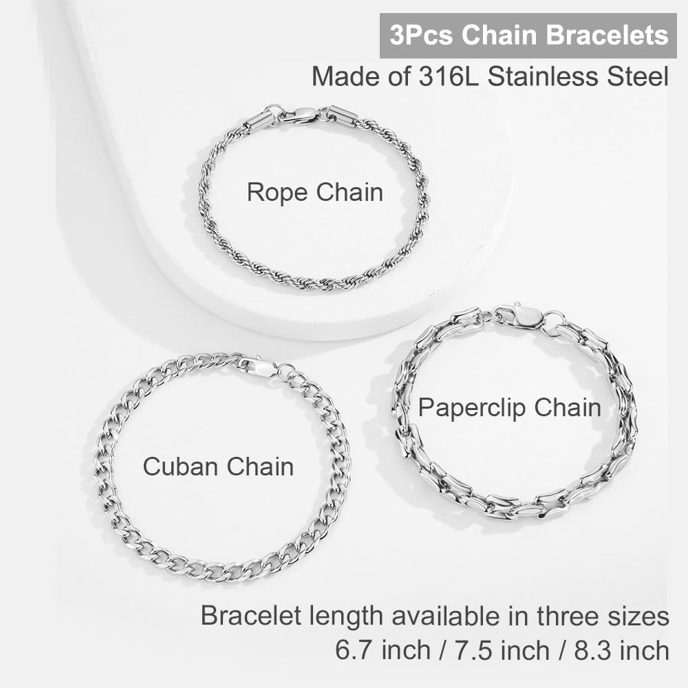 3Pcs Chain Bracelets for Men Women Stainless Steel Paperclip Figaro Rope Cuban Link Chain 6.7/7.5/8.3Inches Unisex Wrist Jewelry Gift SL-007