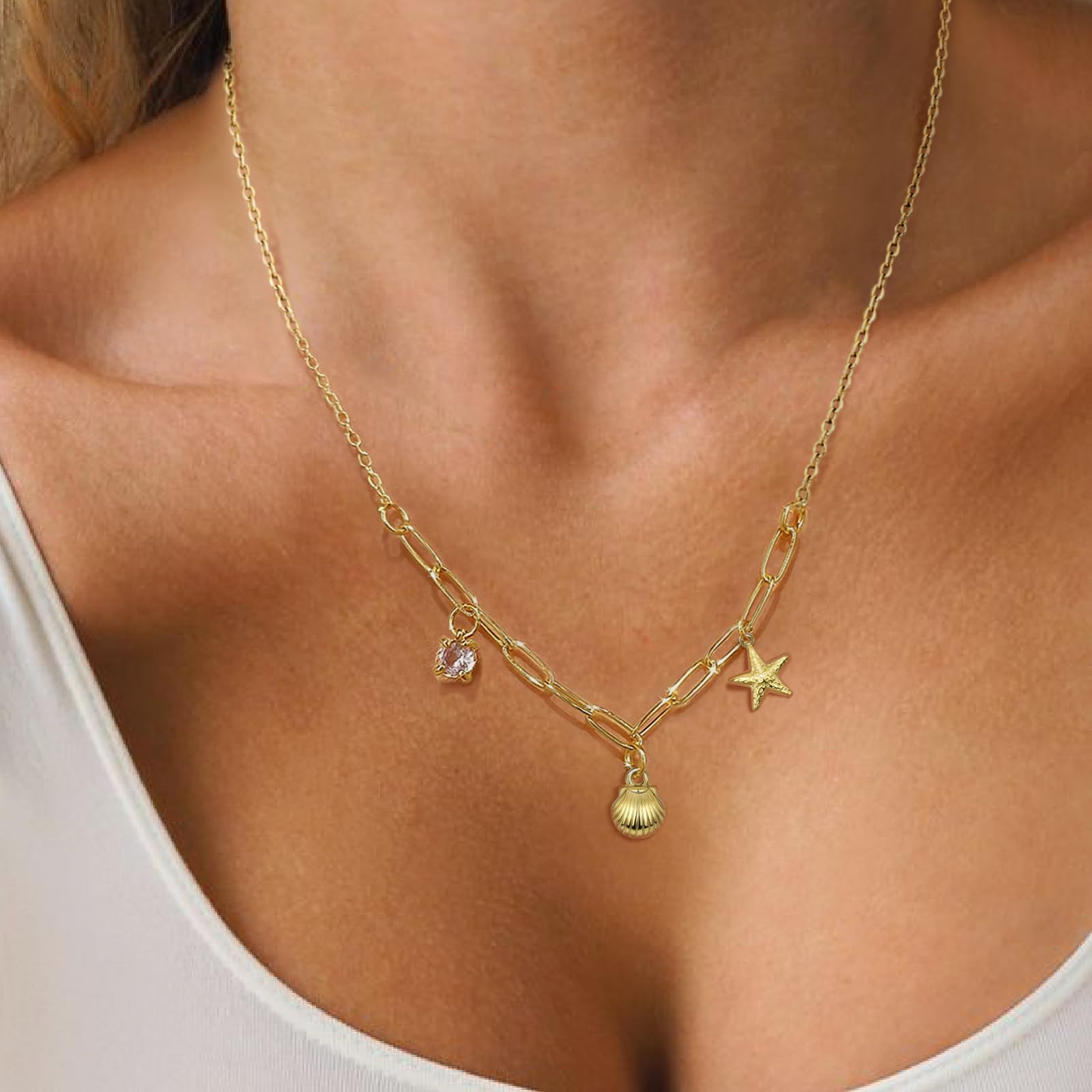 Shell Necklace for Women,14k Gold Plated Layered Starfish Conch SeaShell Pearl Pendant Charm Necklace,Non Tarnish Adjustable Stainless Steel Chain Stack Jewerly for Summer Beach Vacation XL-006