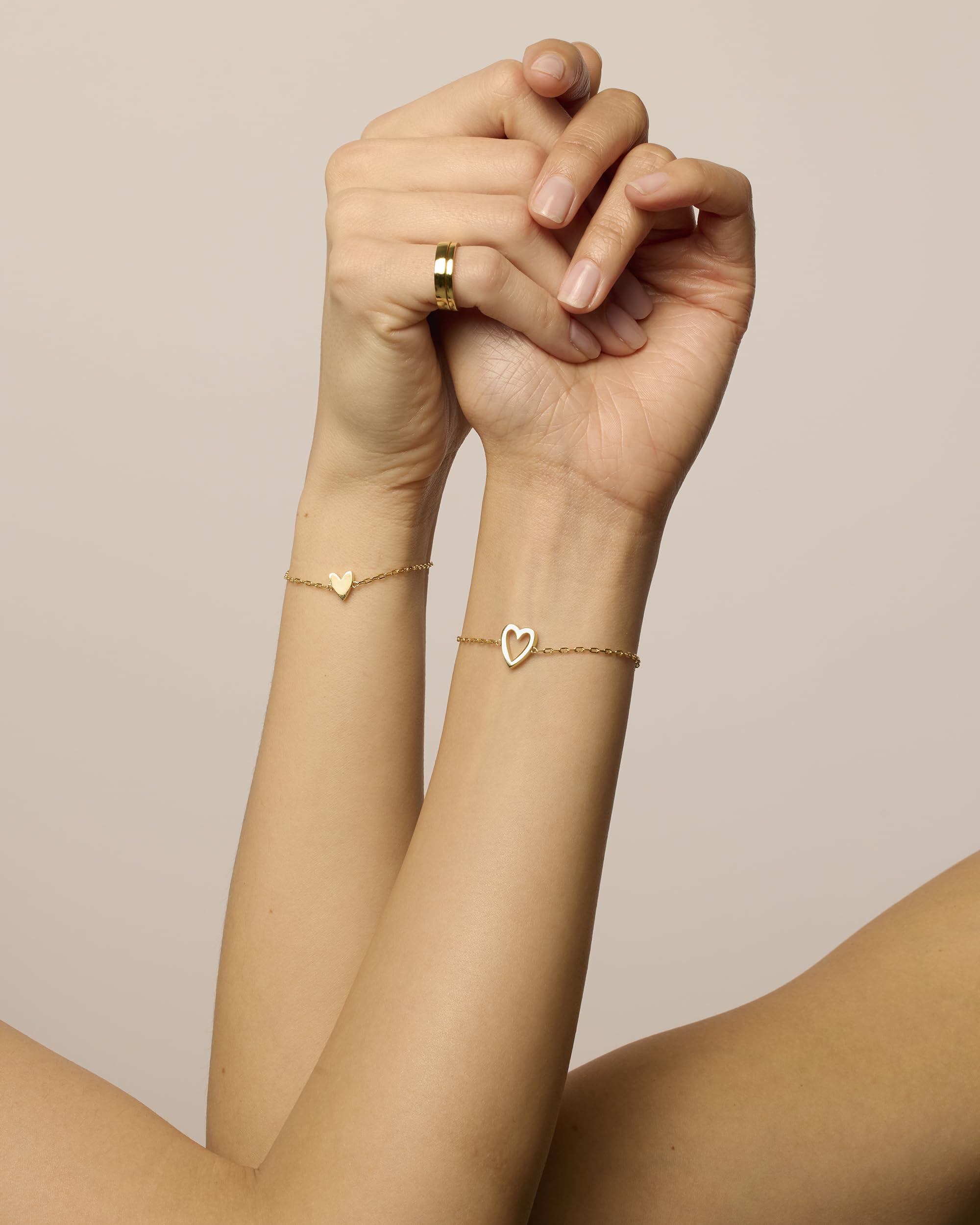 14K Gold Plated Matching Heart Charms Solitaire Bracelet Set for Women | Adjustable Love Friendship Two Bracelet Pack SL-017