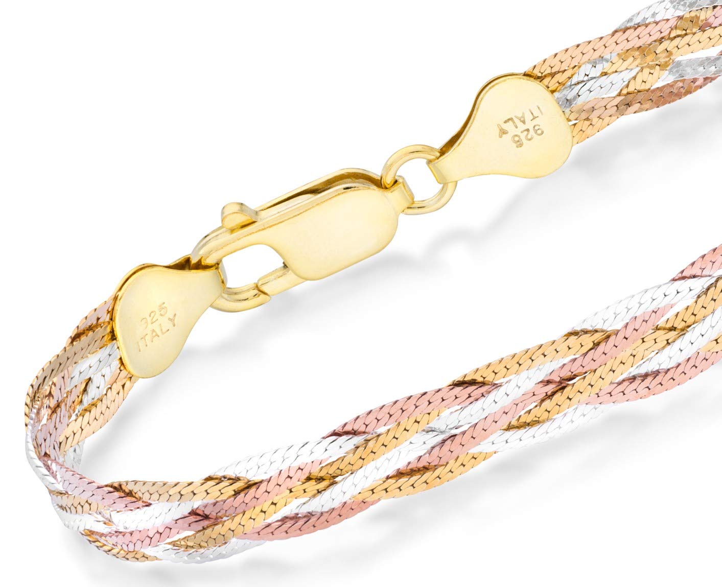 925 Sterling Silver, Tri-Color 18K Gold Plated 6-Strand Diamond-Cut 7mm Braided Herringbone Chain Bracelet for Women SL-025