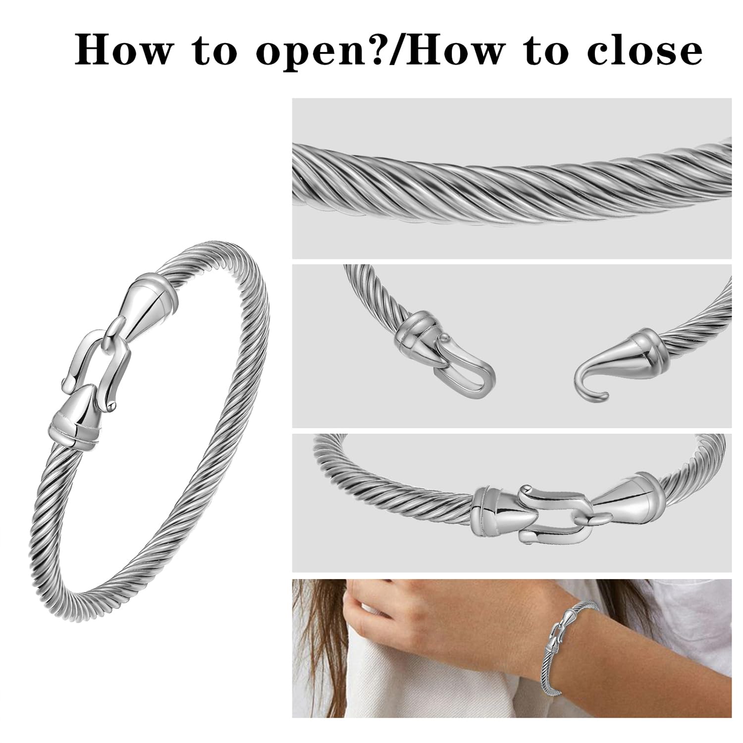 Stainless Steel Twisted Cable Wire Bracelets with Hook Clasp Stylish Roman Digital Bangle Bracelet for Women SL-010
