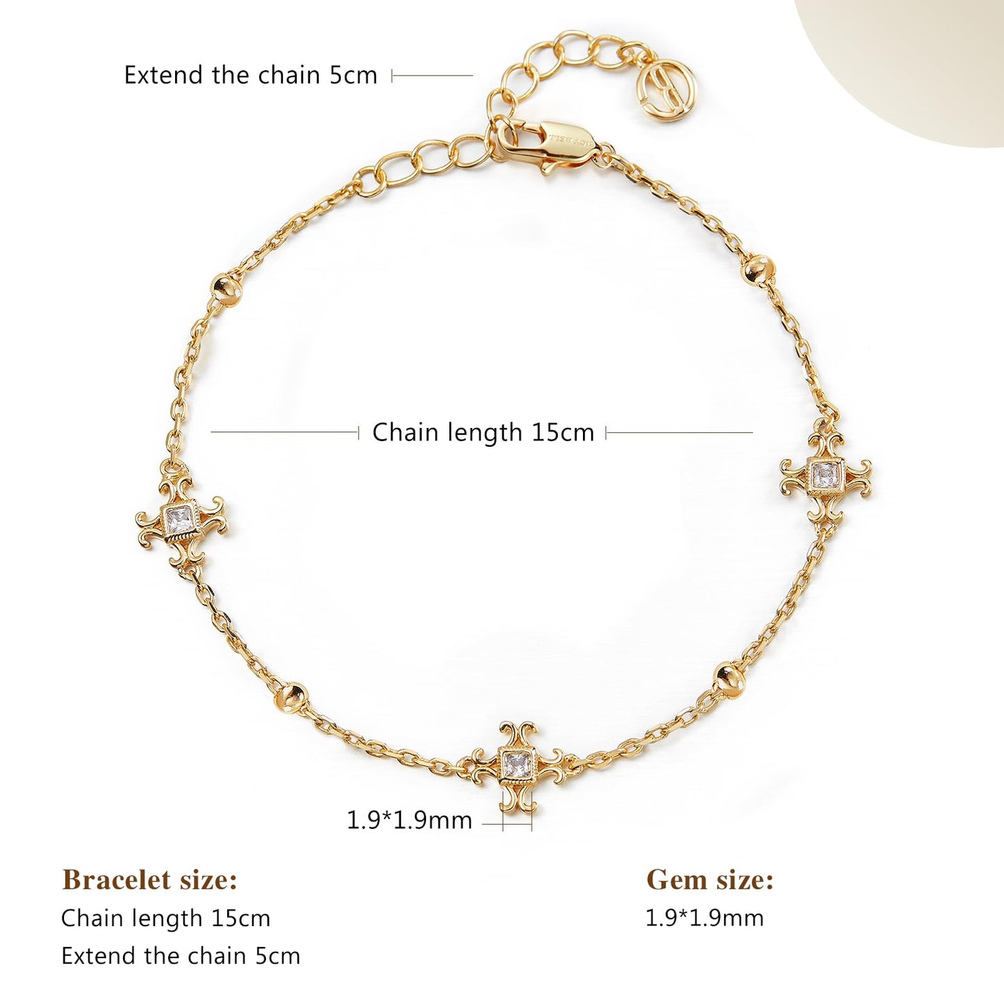 Womens 18k Gold Plated White Shell Cubic Zirconia Square Cross Adjustable Chain Link Bracelets 6.69" with 2" Extender SL-037
