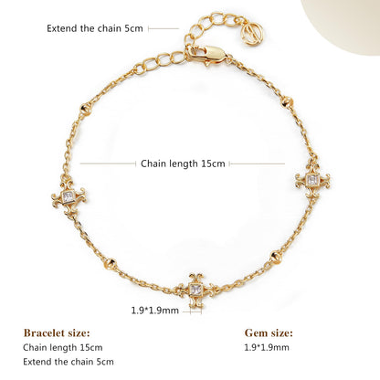 Womens 18k Gold Plated White Shell Cubic Zirconia Square Cross Adjustable Chain Link Bracelets 6.69" with 2" Extender SL-037