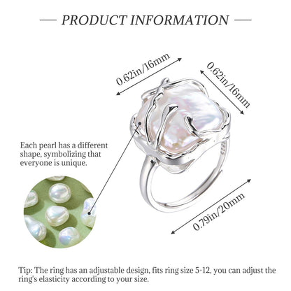 Irregular Pearl Ladies Silver Ring, Baroque Pearl Ring 925 Sterling Silver Ring, Fashion Statement Ring Suitable for Woman Daily Birthday Anniversary Valentine's Day Gift JZ-025