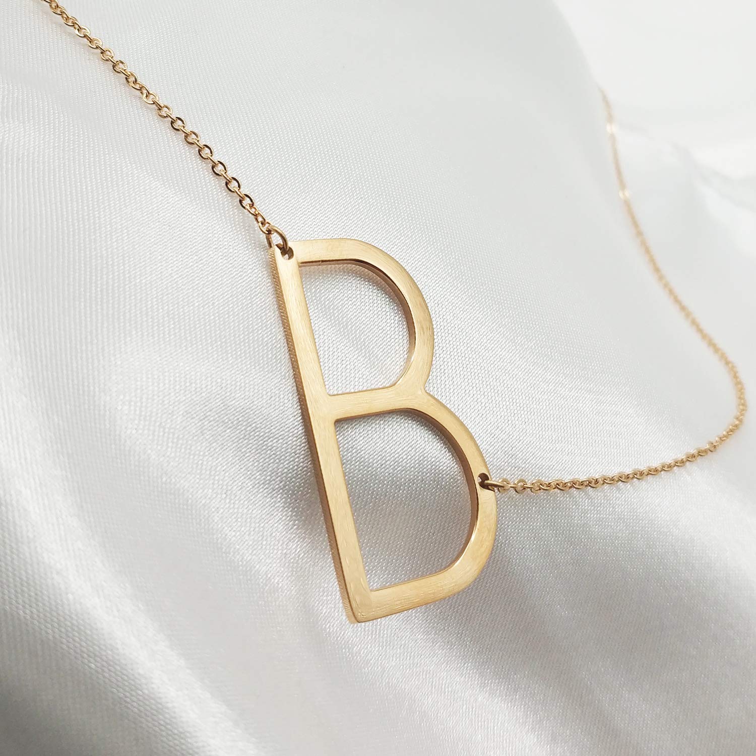 Sideways Initial Necklace 18K Gold Plated Stainless Steel Large Big Letters Pendant Necklace Script Name Monogram Necklaces for Women XL-012