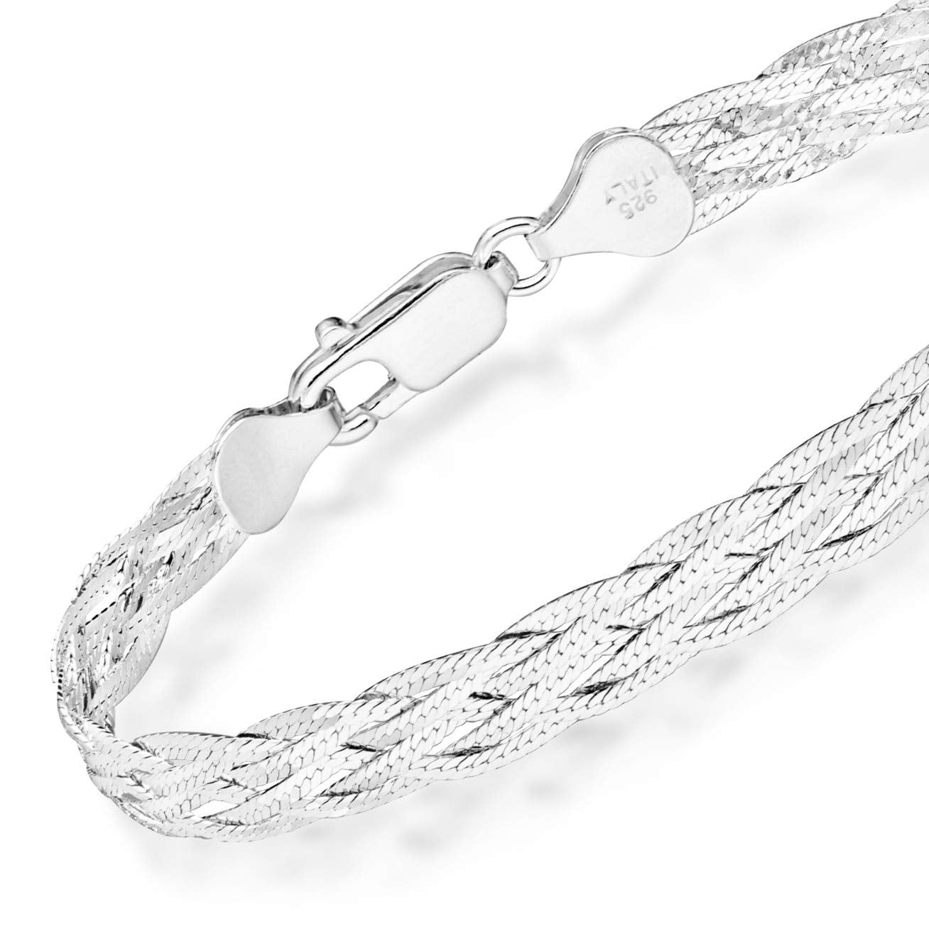925 Sterling Silver, Tri-Color 18K Gold Plated 6-Strand Diamond-Cut 7mm Braided Herringbone Chain Bracelet for Women SL-025