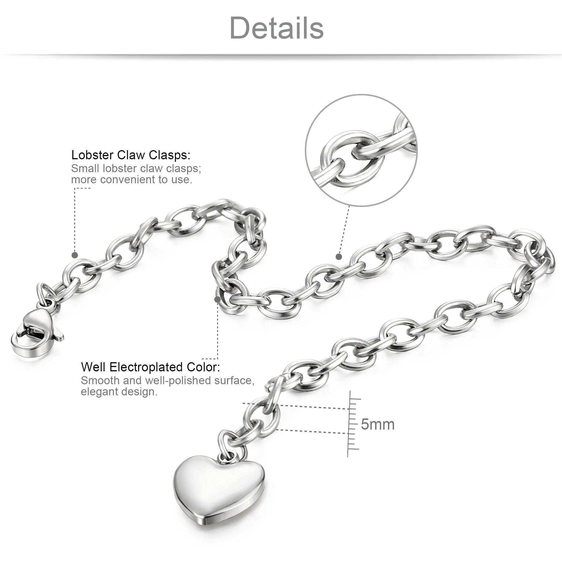 Women's Heart Charm Bracelets Stainless Steel Link Bracelet Birthday Gifts for Women Jewelry SL-006