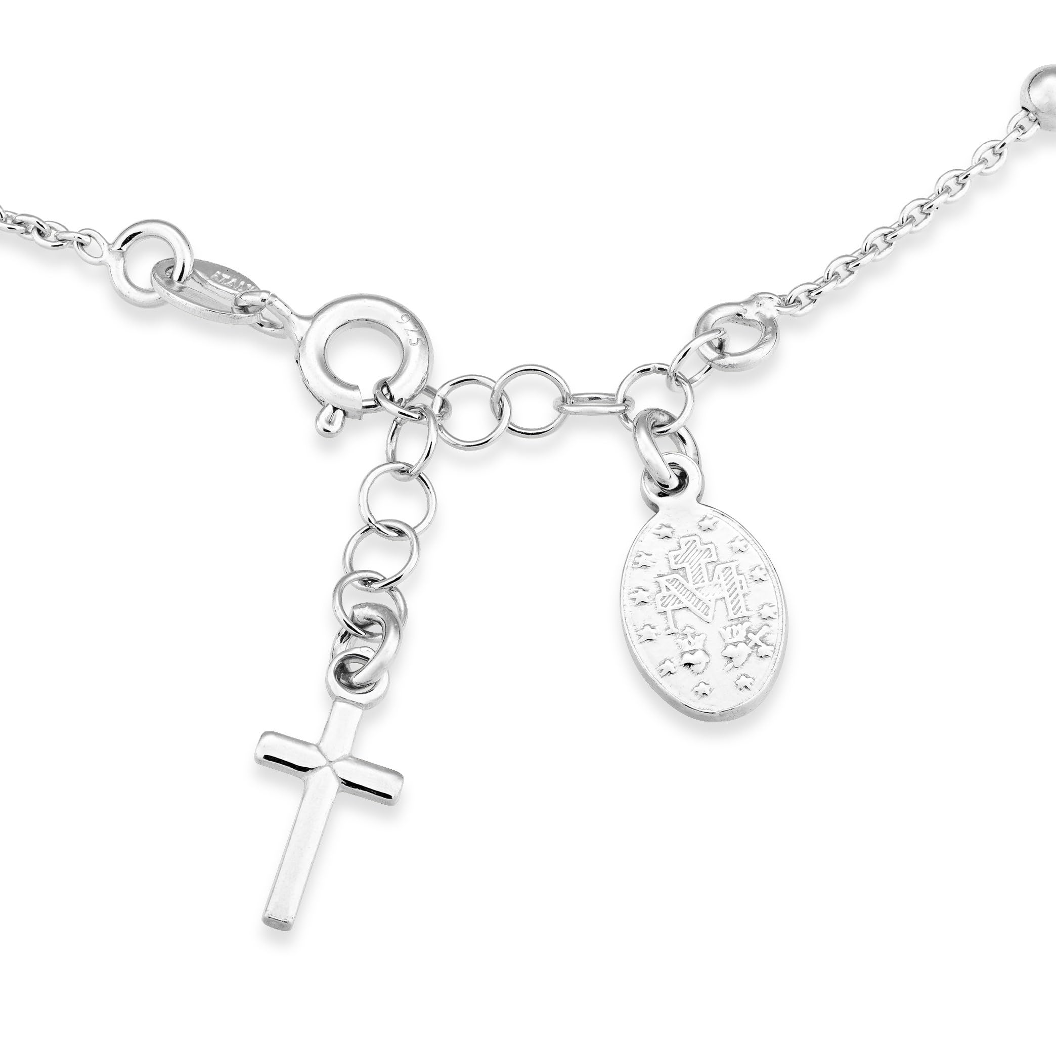 925 Sterling Silver Italian Rosary Cross Bead Charm Link Chain Bracelet for Women, Adjustable SL-041