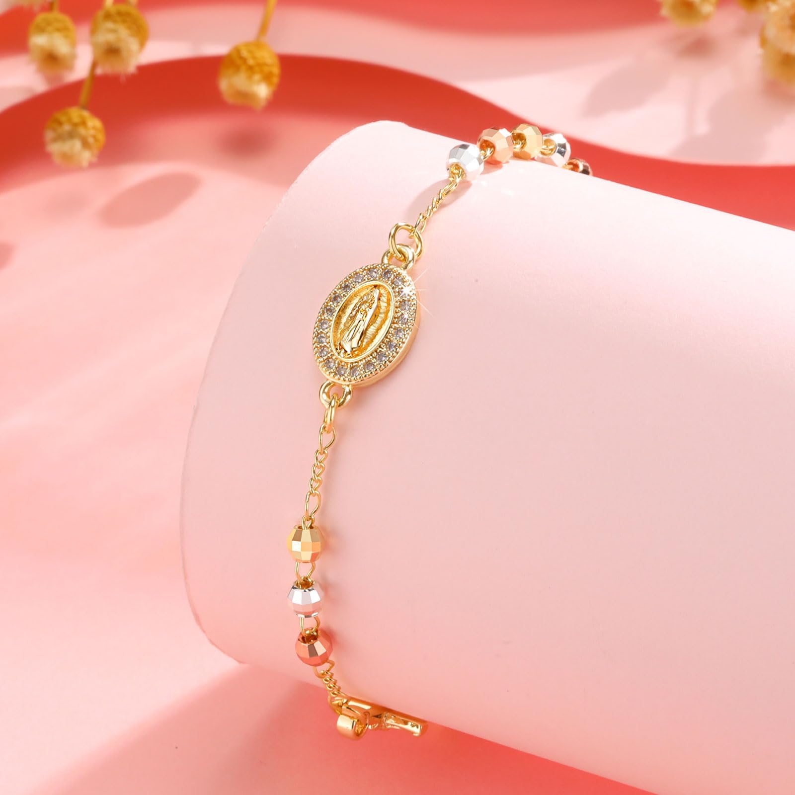 Catholic Crucifix Gifts Rosary Bracelet for Women-14K Gold Virgin Mary Jesus Cross Charm Link Chain, Dainty Virgen de Guadalupe Religious Gift for Confirmation Baptism First Communion Easter SL-048