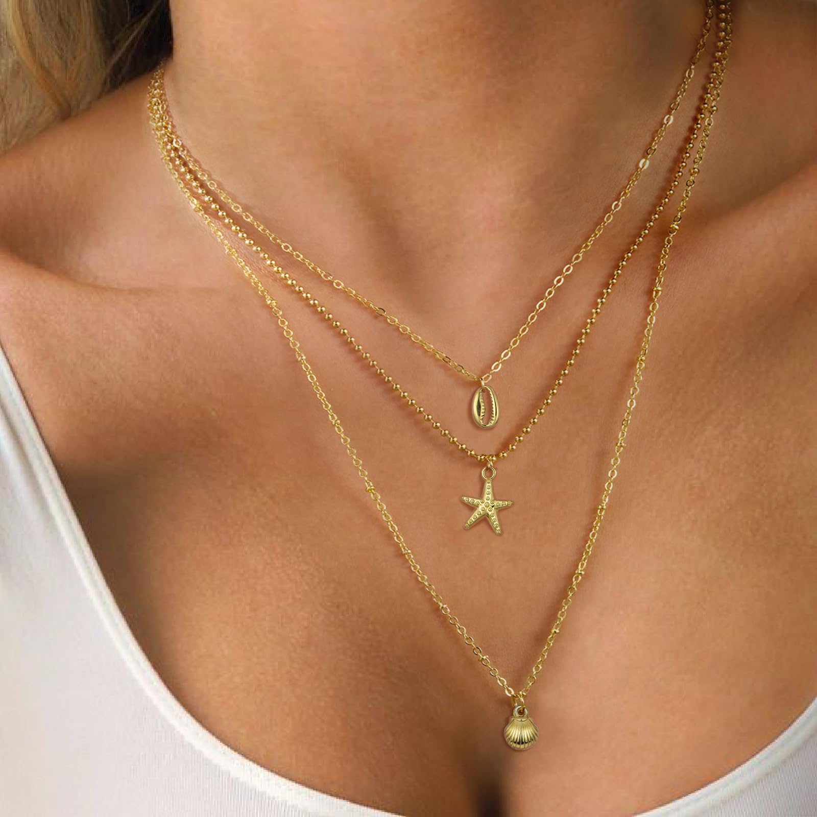 Shell Necklace for Women,14k Gold Plated Layered Starfish Conch SeaShell Pearl Pendant Charm Necklace,Non Tarnish Adjustable Stainless Steel Chain Stack Jewerly for Summer Beach Vacation XL-006