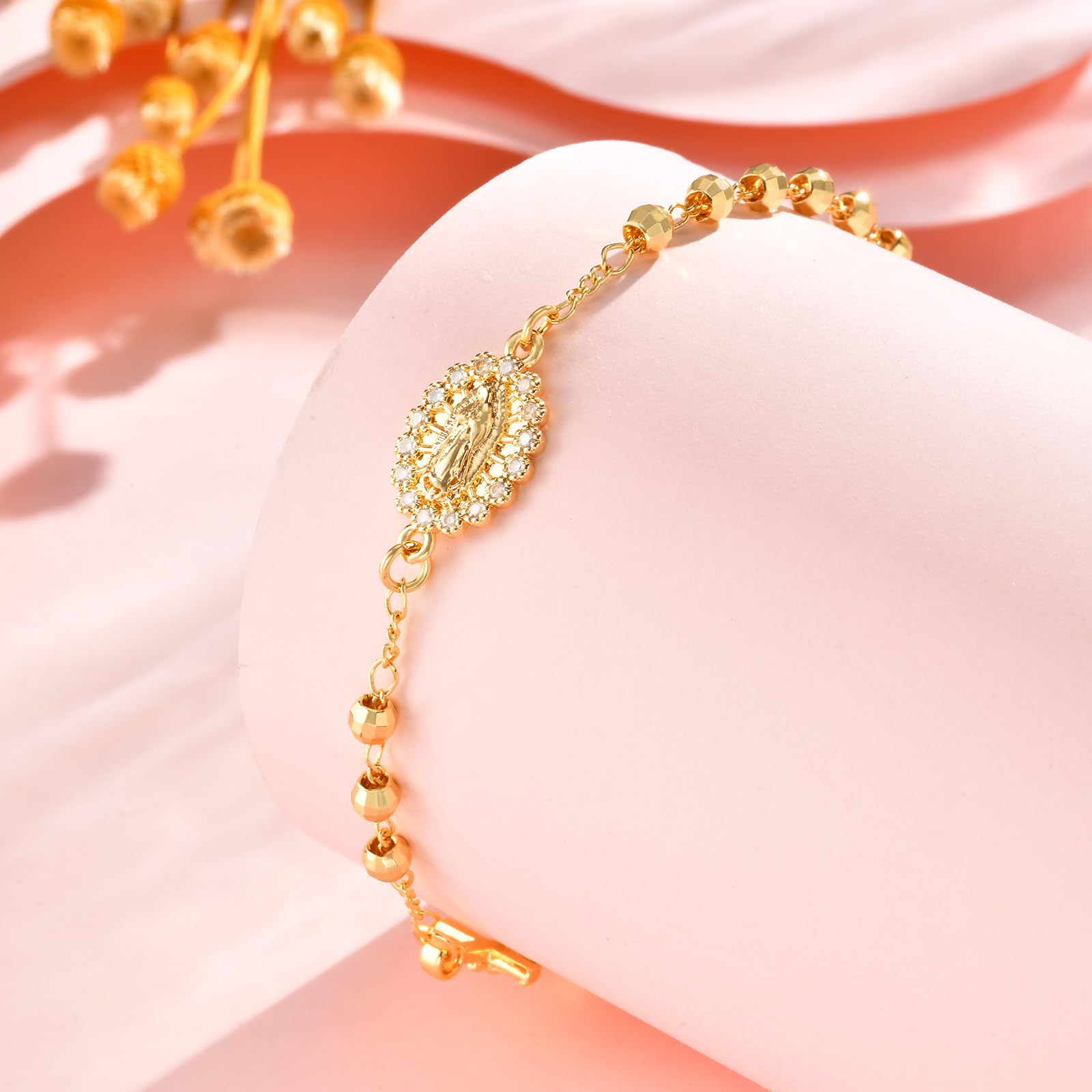 Catholic Crucifix Gifts Rosary Bracelet for Women-14K Gold Virgin Mary Jesus Cross Charm Link Chain, Dainty Virgen de Guadalupe Religious Gift for Confirmation Baptism First Communion Easter SL-048